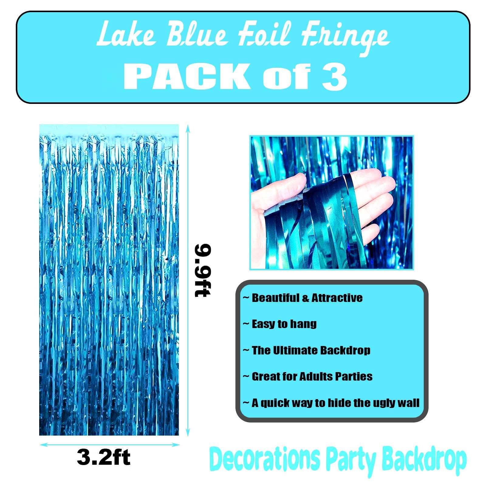 Gogcaro Foil Fringe Backdrop Curtains, Metallic Tinsel Streamers for Party Decorations (Lake Blue, 3 Pack, 3.2 ft x 9.8 ft) 8riwb