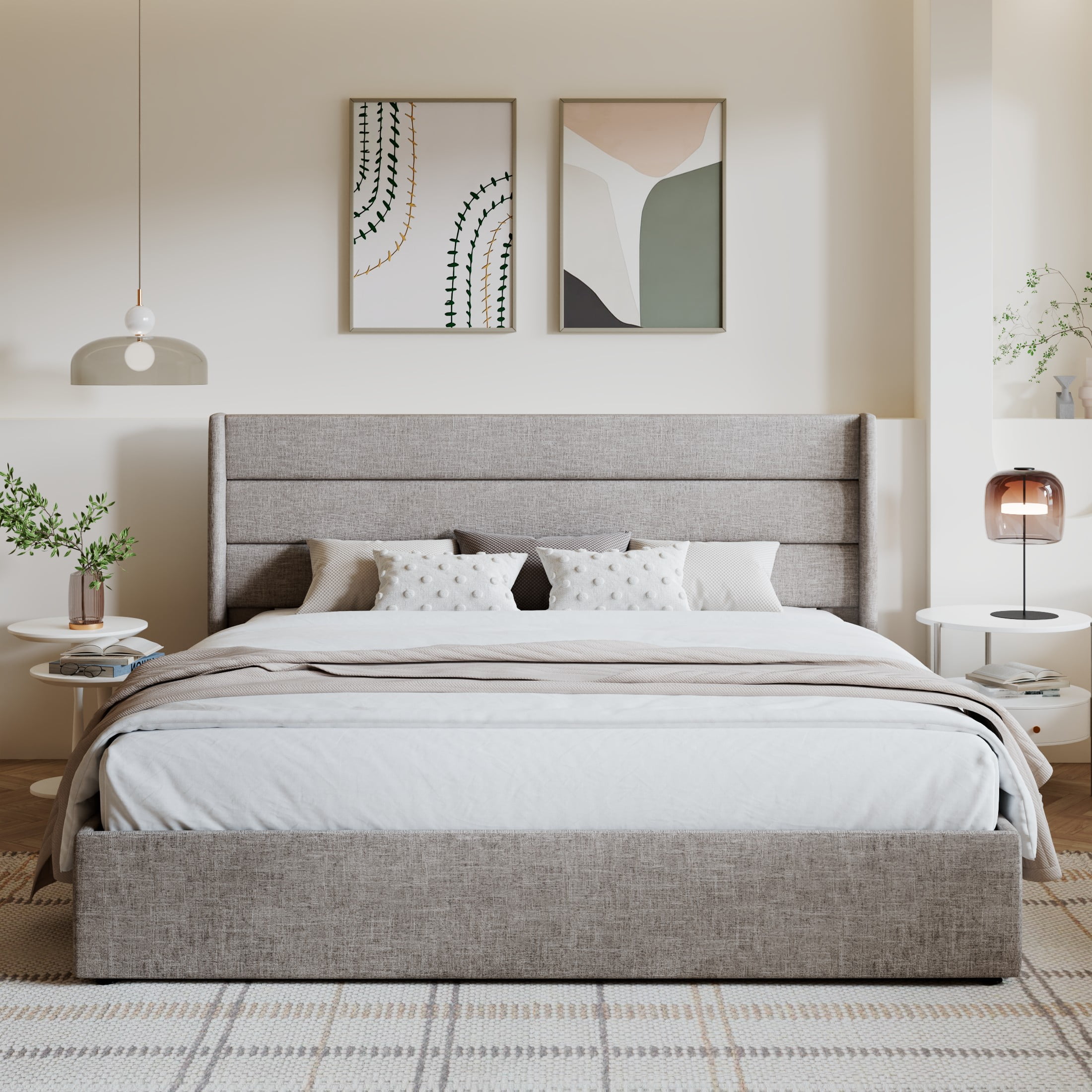 Amolife King Size Bed Frame, Hydraulic Lift Storage Platform Bed with Upholstered Wingback Headboard (Beige, King) neyet