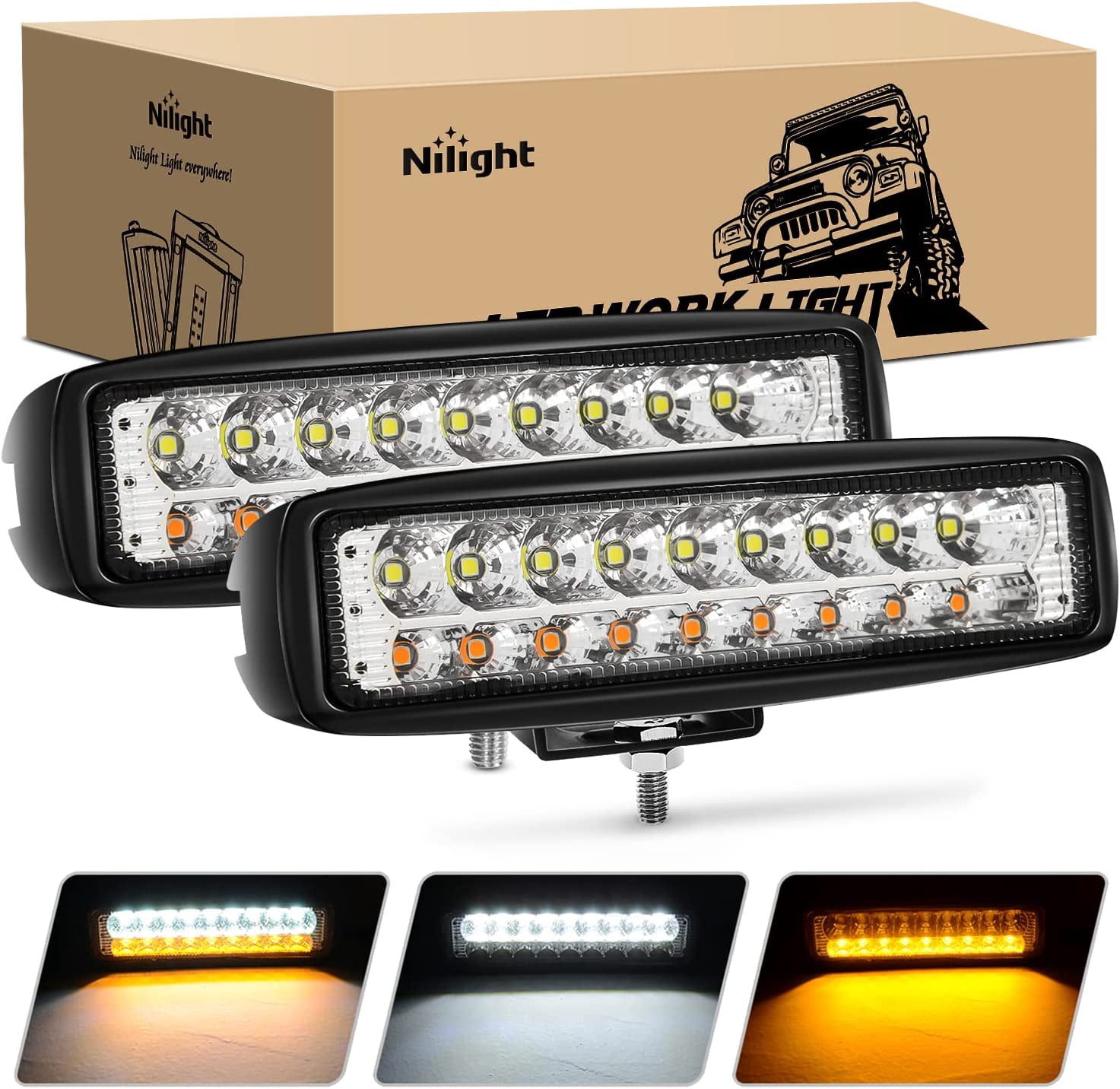 Nilight LED Pods 54W Dual Color White/Amber Flood Offroad Fog Light Bar (2 Pack, 6 in) 94mh7