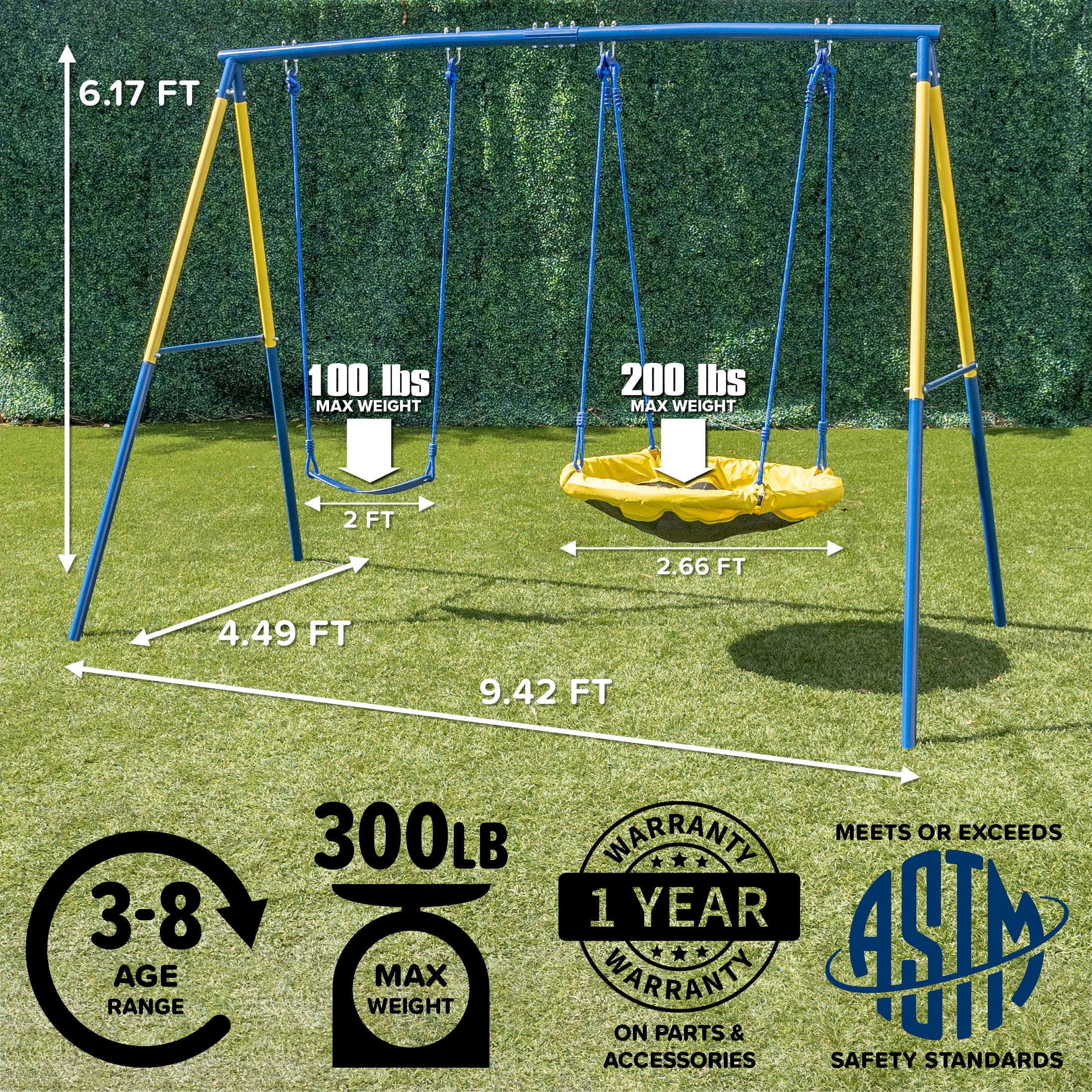 Sportspower My 1st Outdoor Backyard Swing Set with Belt Swing and 32 in Saucer Swing (Yellow, 6 ft Height) fb580