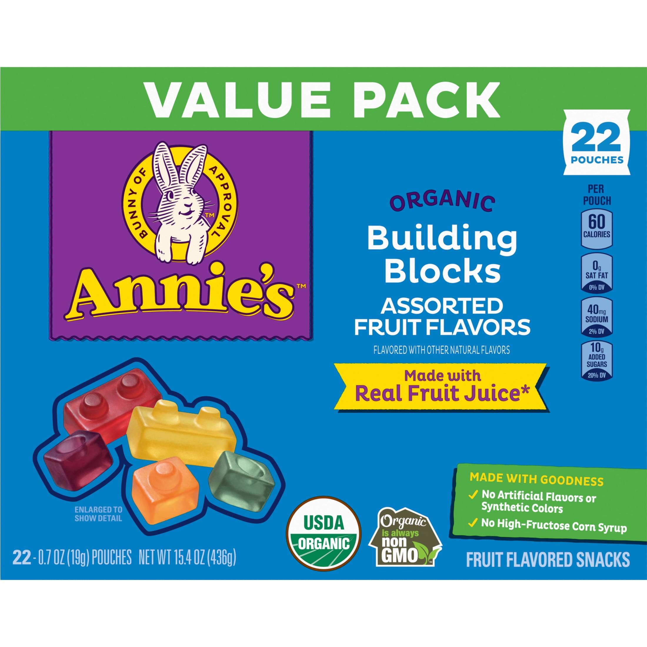 Annie's Organic Fruit Flavored Snacks, Building Block Shaped Gummies, Gluten Free (Assorted Flavors, 22 Pouches, 15.4 oz) 3nd4a