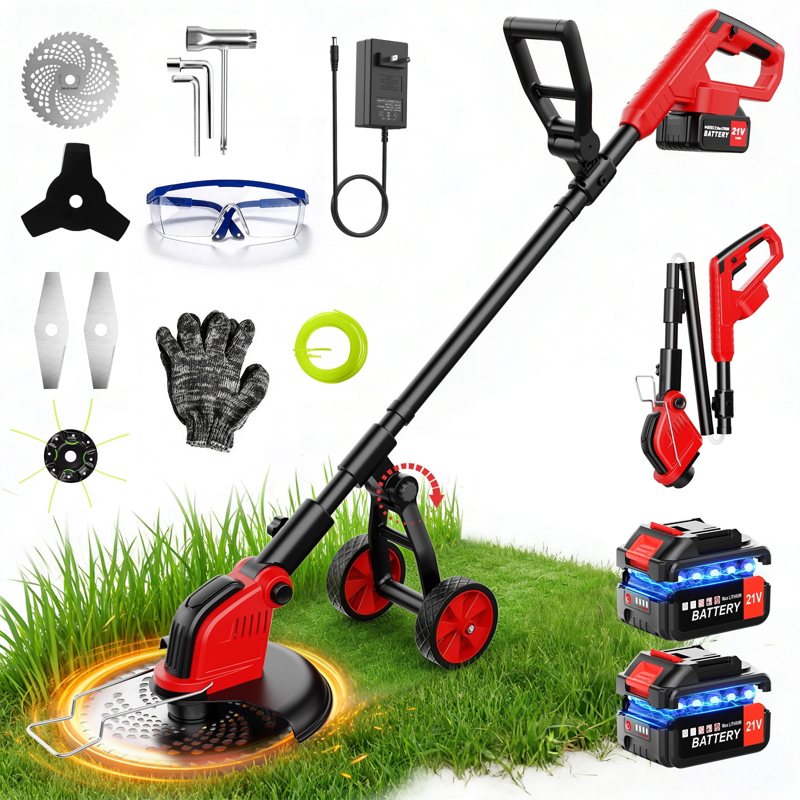 Tanbaby Electric Weed Wacker Cordless Grass Trimmer with Wheels and 4 Blades (Red, 12 in) 6mn2f