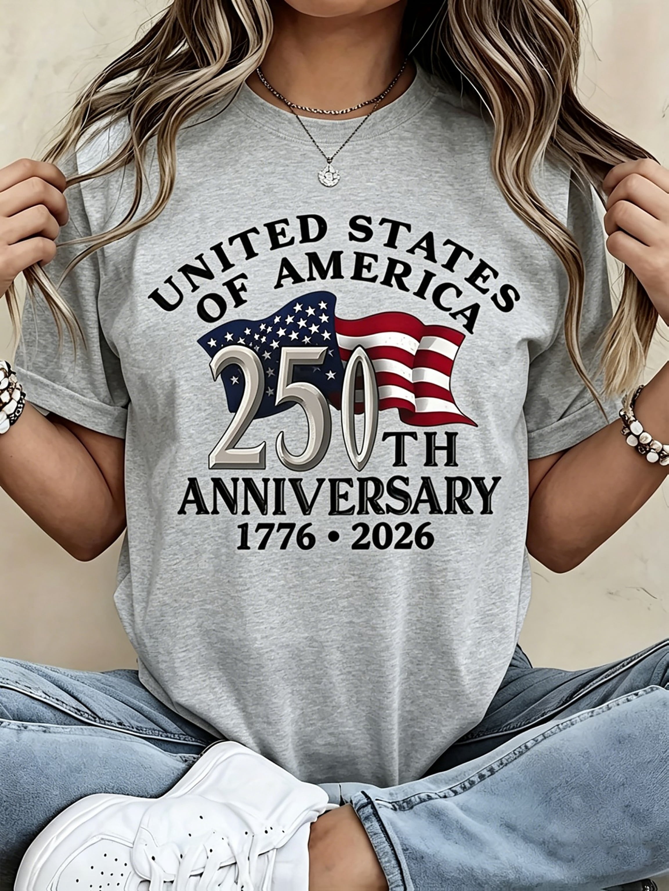 SHESIINN Women's 250 Year USA Anniversary Graphic T-Shirt, Breathable Cotton Crew Neck Short Sleeve Top (White, S) o3ztw
