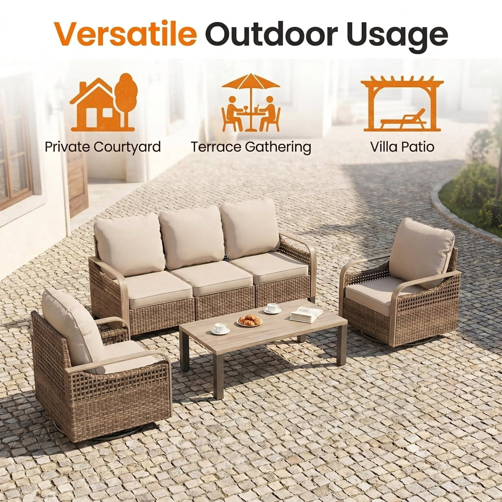 Poteban Outdoor Patio Wicker Furniture Set (Beige, 6-Piece Set) 255q0
