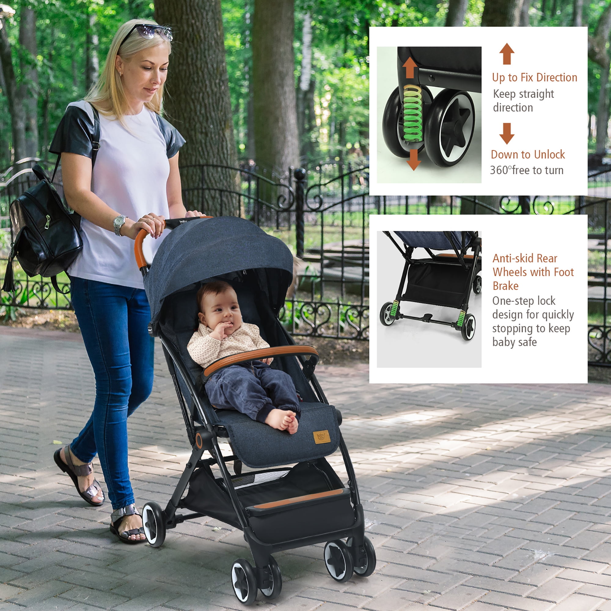 Costway Lightweight Baby Stroller with Adjustable Canopy and Storage Basket (Blue, 15 lb) epv4n
