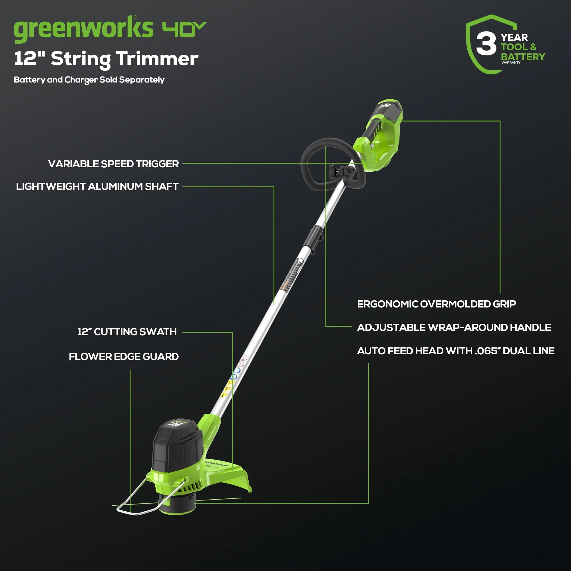 Greenworks G-MAX 40V Cordless String Trimmer (12 in, Tool-Only) bvqfy