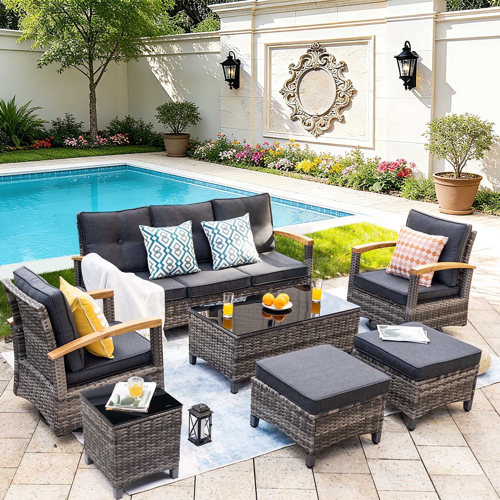 MEISSALIVVE 7-Piece Patio Furniture Set, Outdoor Rattan Conversation Set with Swivel Rocker Chairs and 3-Seat Sofa (Gray, 7-Piece Set) 6w9aq
