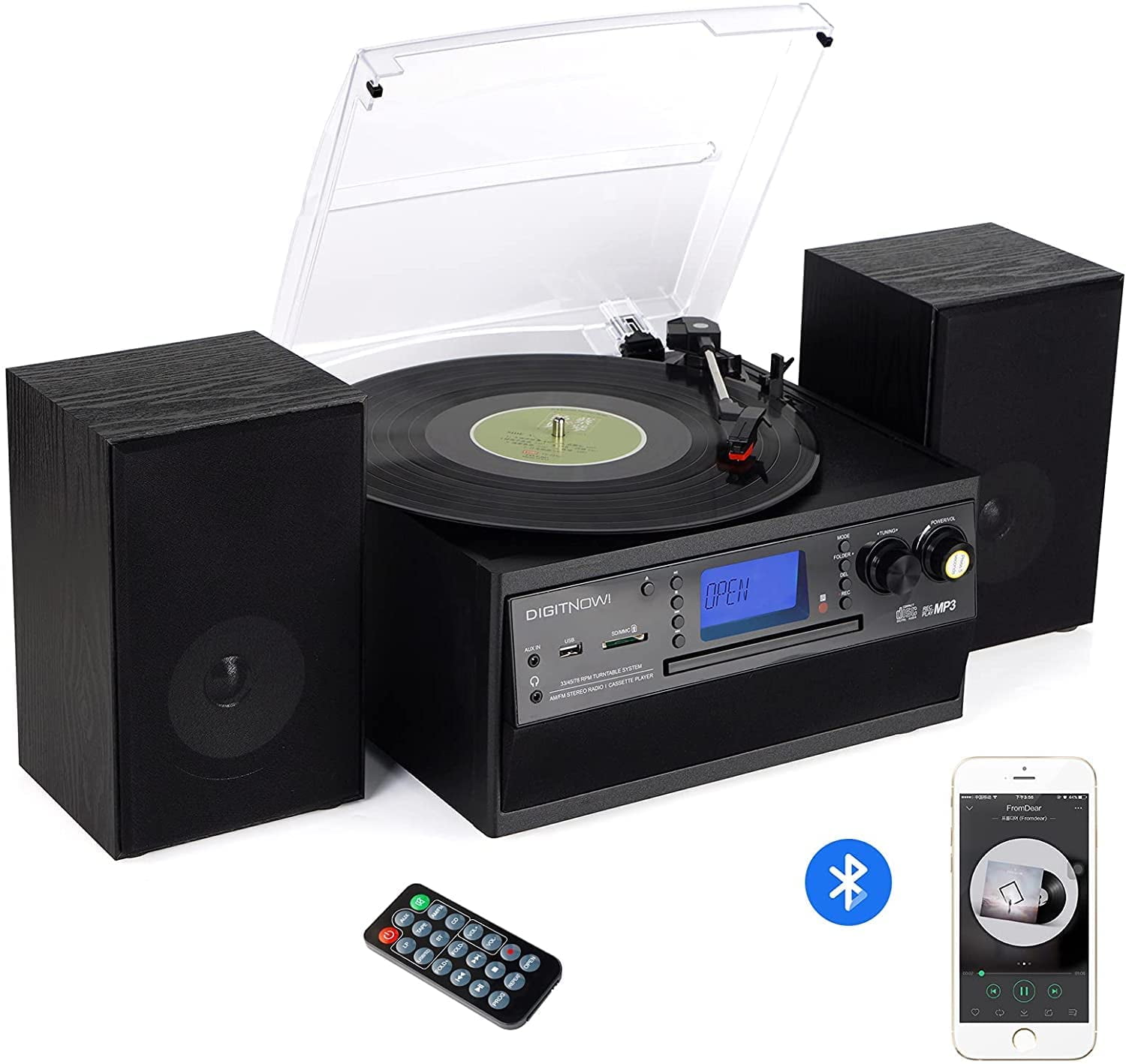 EYESEN Vintage Record Player with Bluetooth, CD Player, Cassette Deck, and AM/FM Radio (Stereo Speakers, Remote Control) bshug