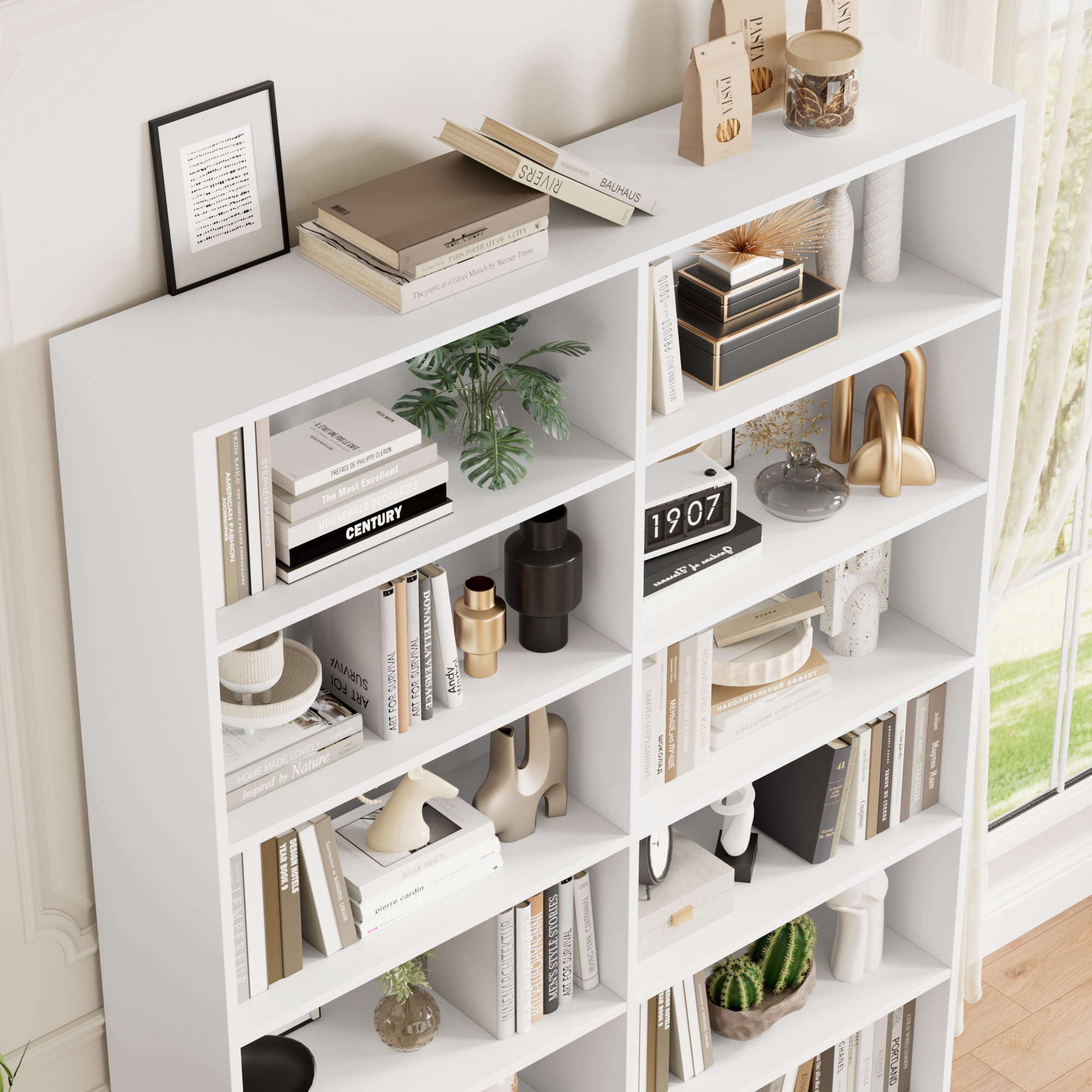 Homfa 6-Tier Double Wide Bookshelf, Extra Large Freestanding Display Storage Organizer for Home Office (White, 47.2 in W x 11.8 in D x 74.3 in H) sz3pl