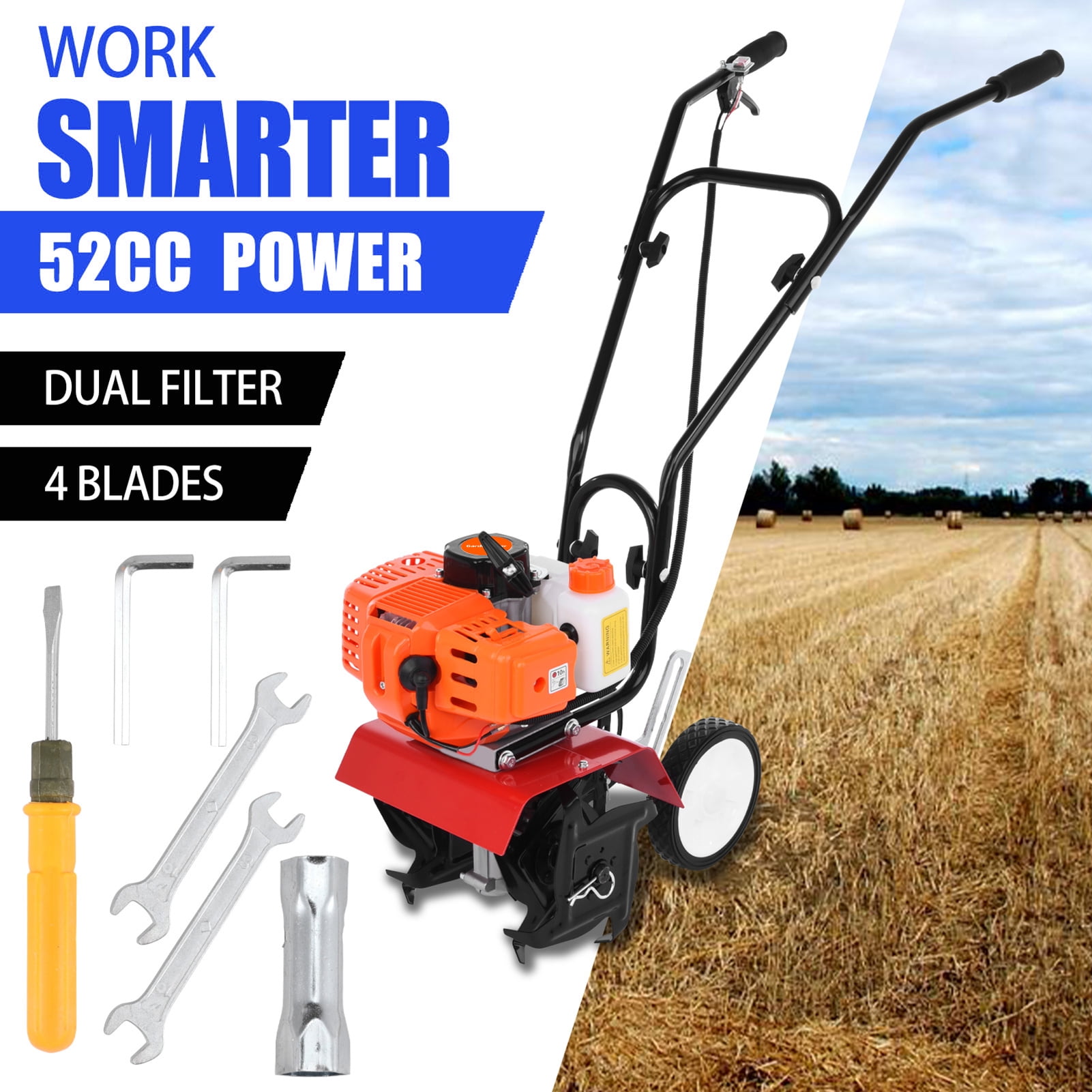 Aqyh Gas Powered Tiller Cultivator, 3HP 52cc 2-Cycle Rototiller with 4 Steel Tines for Soil Cultivation and Weed Removal (8 in Tilling Width) 6tjef