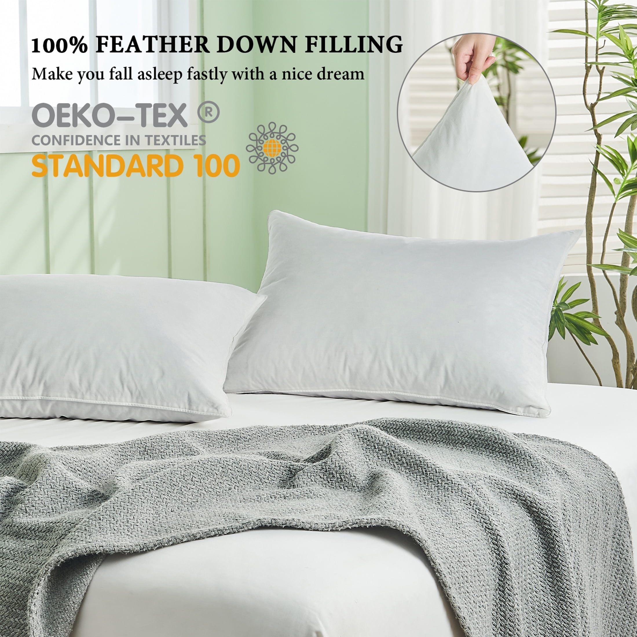 Teler Goose Feather Down Bed Pillow, Luxury Hotel Collection Soft Support (White, Queen 20.2 in x 28.2 in, 1 Pack) b4kt1