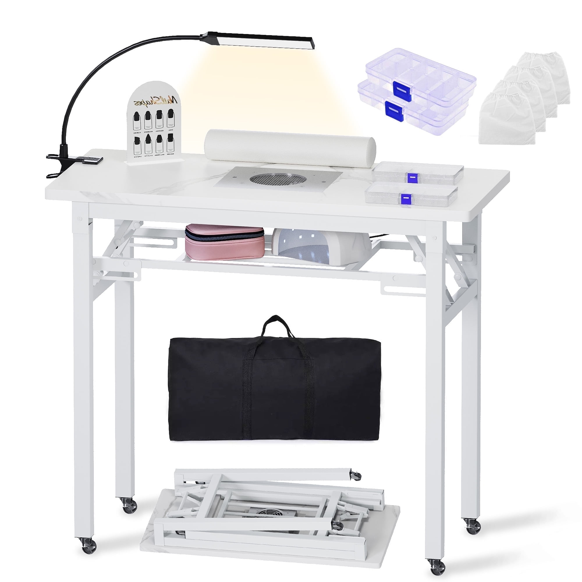 Advwin Portable Manicure Nail Table with Dust Collector and LED Lamp (White Marble, 37 in x 17 in) nxh01
