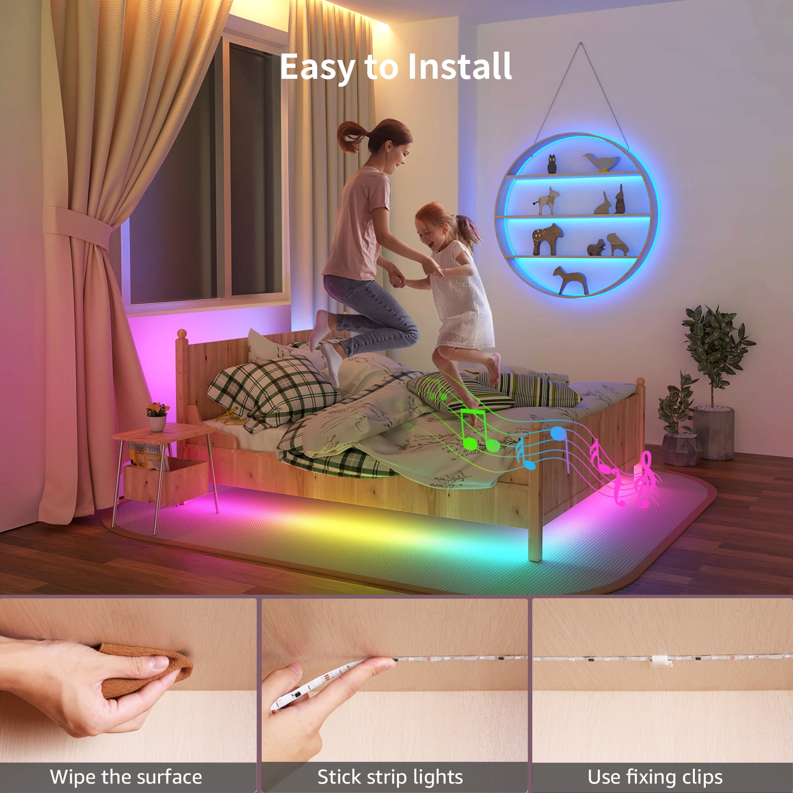 Lepro Music Sync LED Strip Lights, Waterproof RGB Color Changing Tape for Bedroom and Gaming (49.2 ft) 630j0