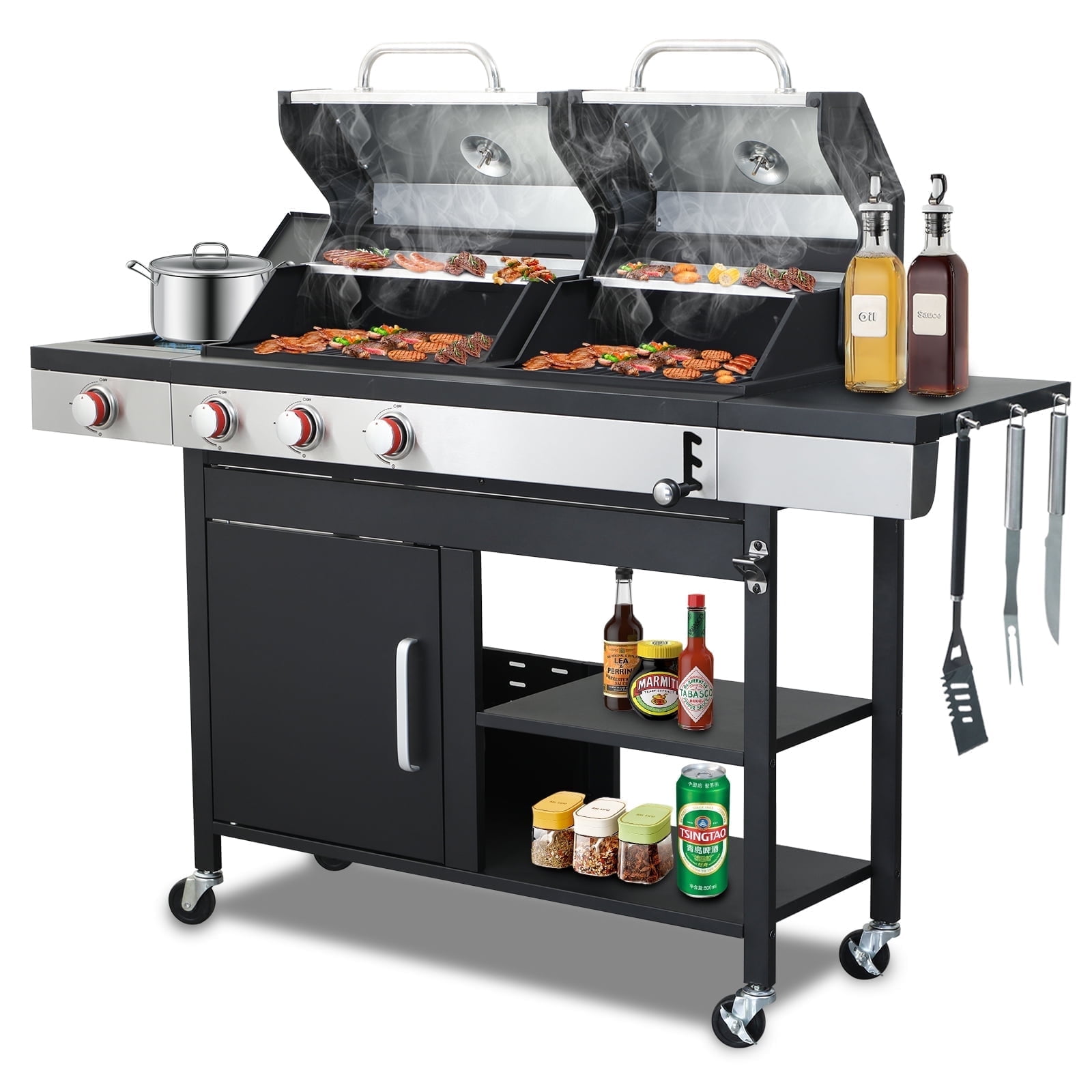 Nice Cooker Gas and Charcoal Combo Grill with Side Burner, Porcelain-Enameled Cast Iron Grates, Outdoor BBQ Grill with Storage Cabinet (Black, 37,230 BTU) wd8ti