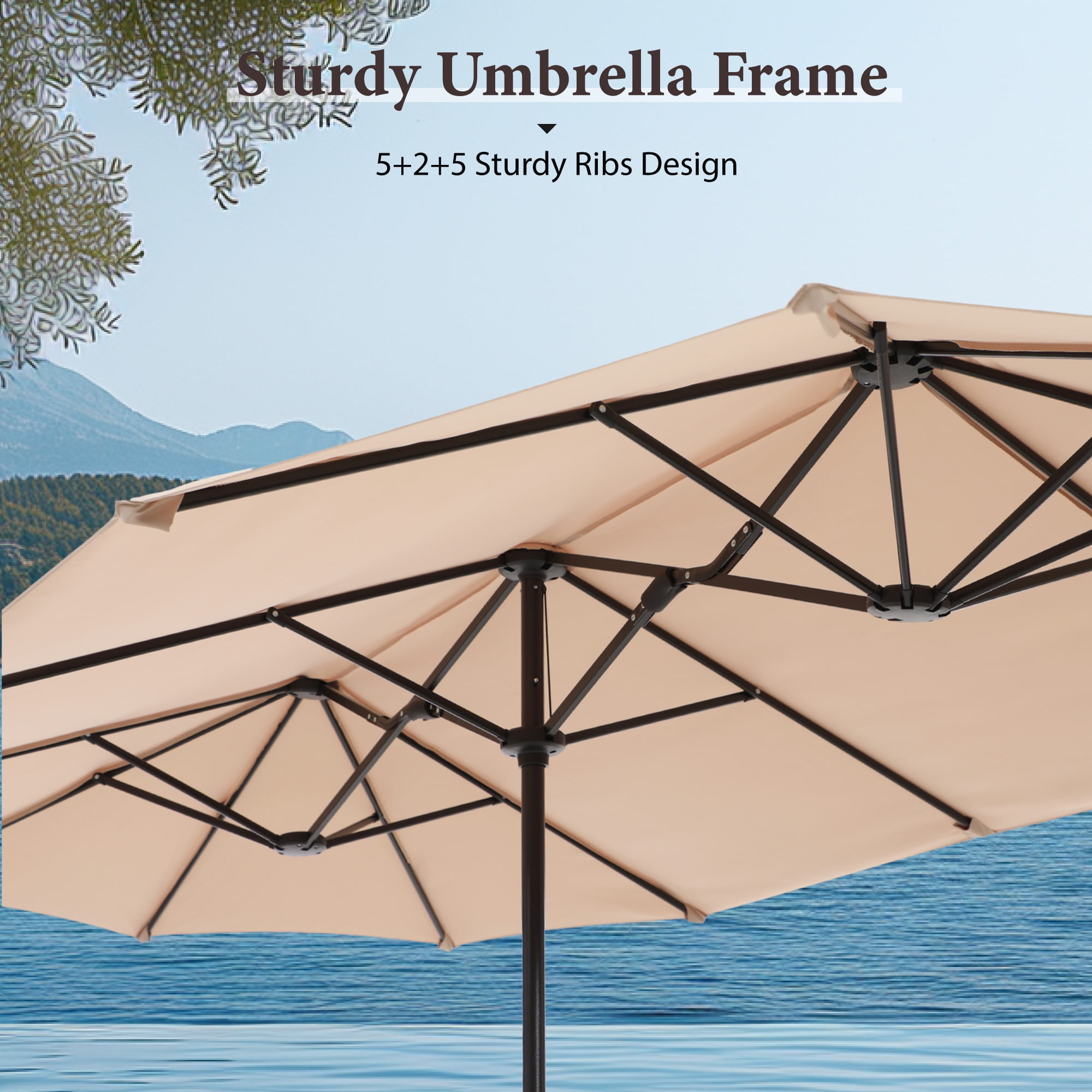 MF Studio 8-Piece Outdoor Patio Dining Set with 13ft Umbrella and 59 in Metal Table (Beige, 8-Piece Set) 5vx29
