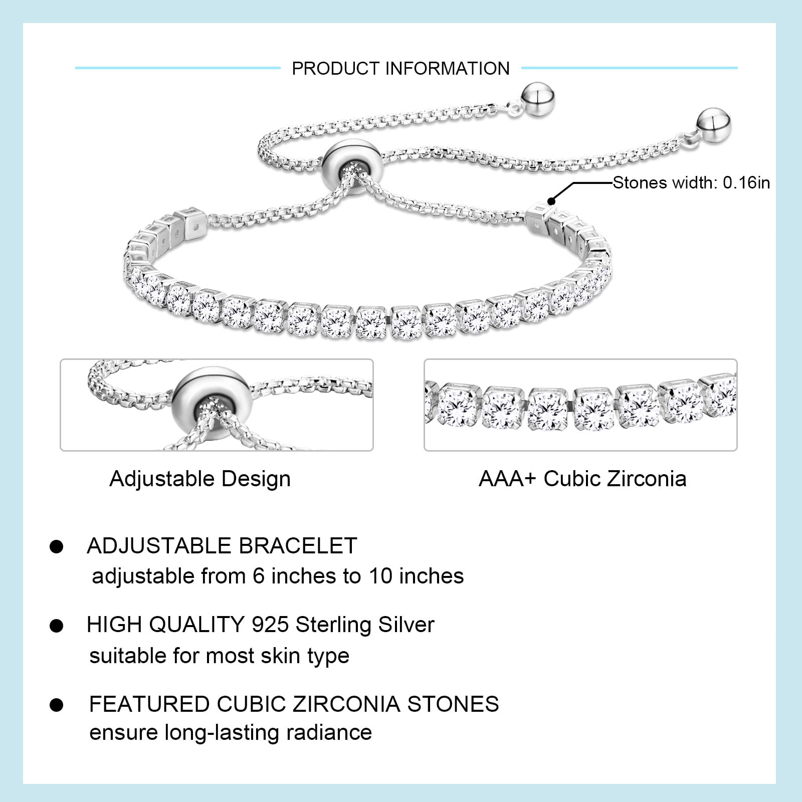 APSVO S925 Sterling Silver Plated Tennis Bracelet, Cubic Zirconia Adjustable Wrist Jewelry for Women and Girls (Silver, 6-10 in) u7txm