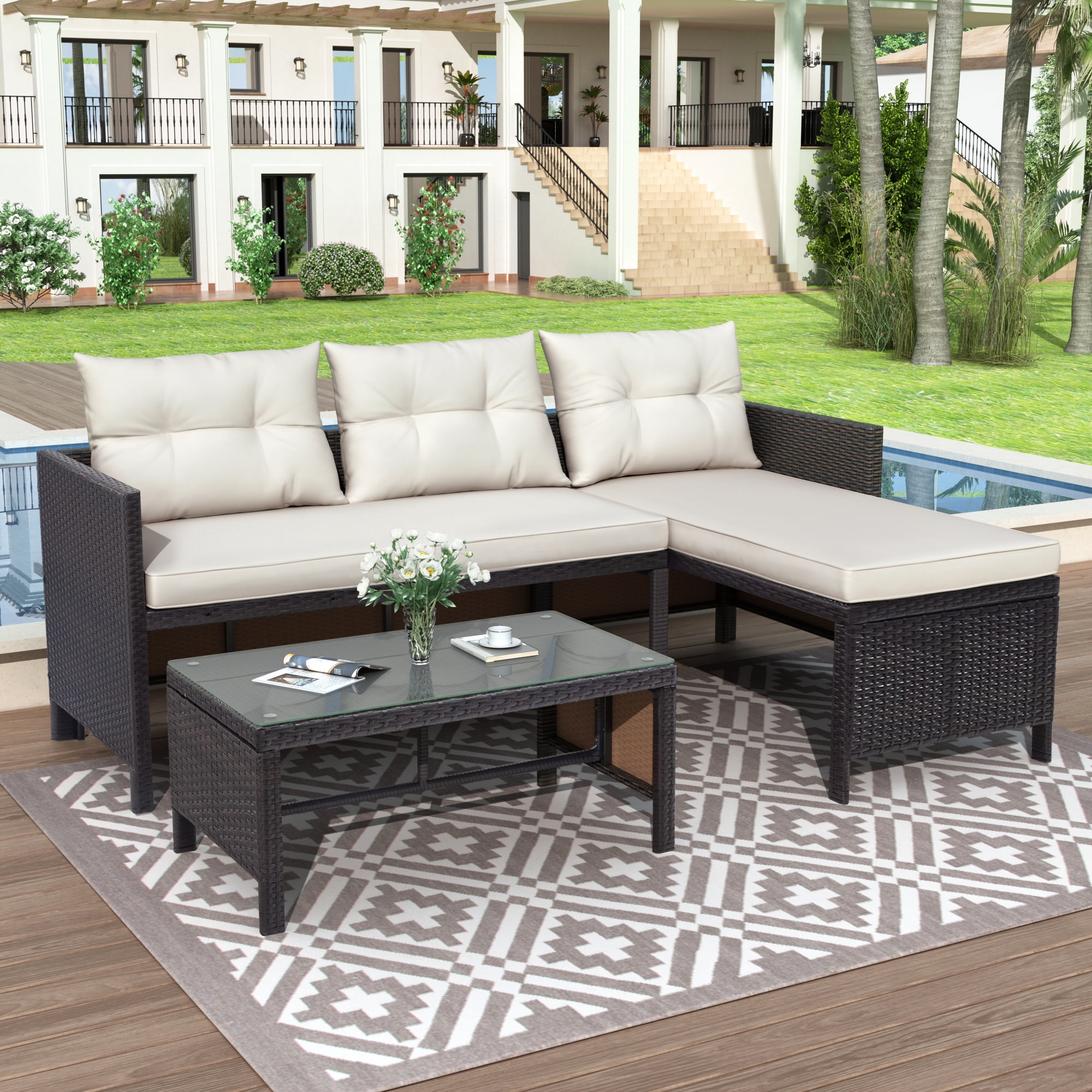 Syngar 3-Piece Outdoor Patio Furniture Sectional Set, PE Rattan Wicker Conversation Set with Cushions and Coffee Table (Beige, 3-Piece Set) 14sg0