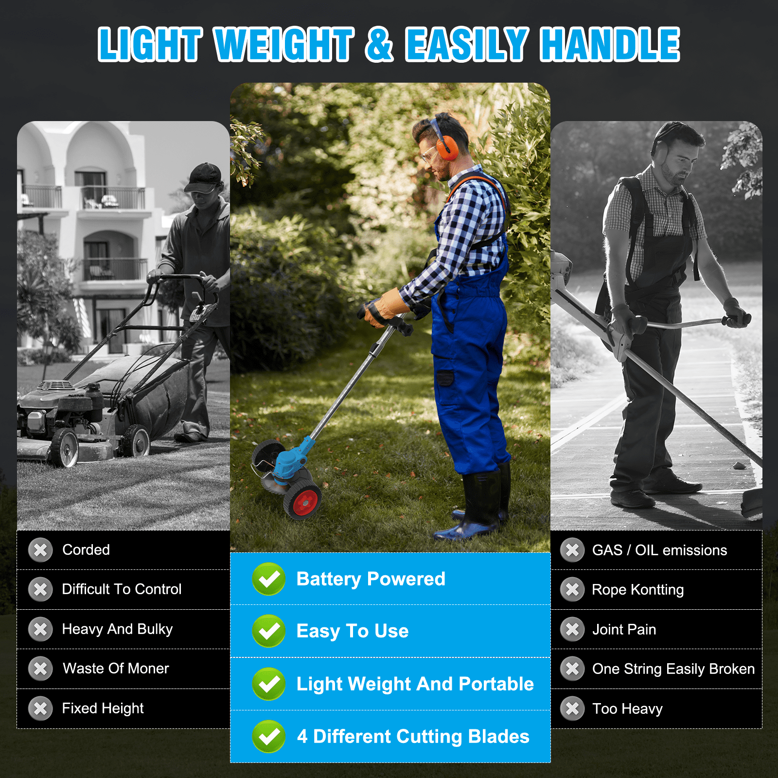 TopZoo Electric String Trimmer with Dual 24V Battery System and Adjustable Shaft (Blue, 35-47 in) 7gh10