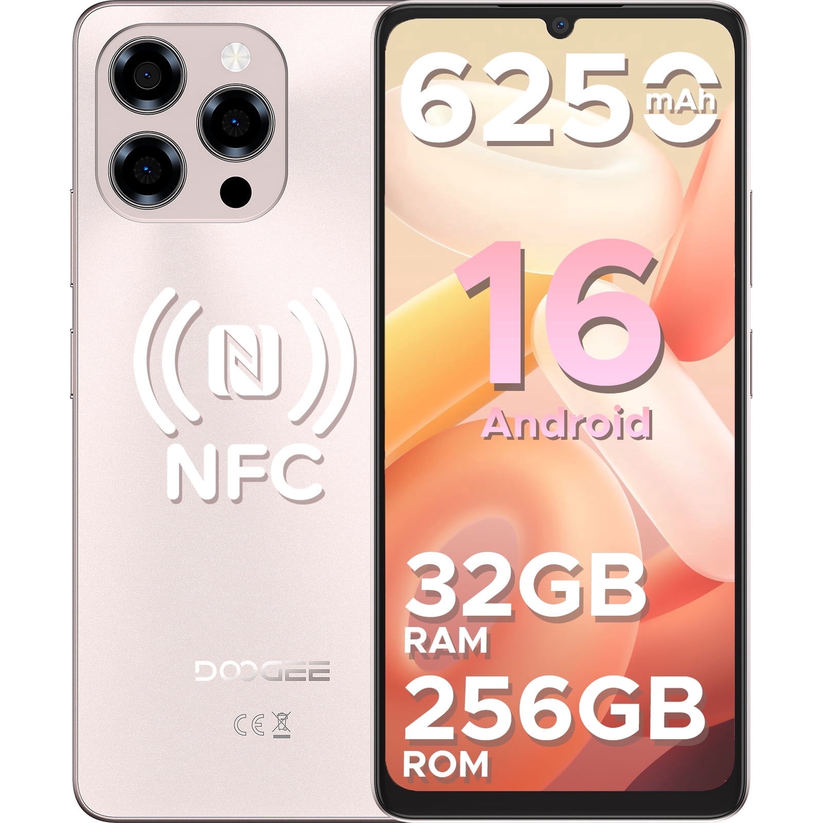 Doogee Android 16 Unlocked Smartphone, 32GB RAM 256GB Storage, 6.75 in 90Hz HD+ Display, 6250mAh Battery, Dual SIM (Gold) g9rrs