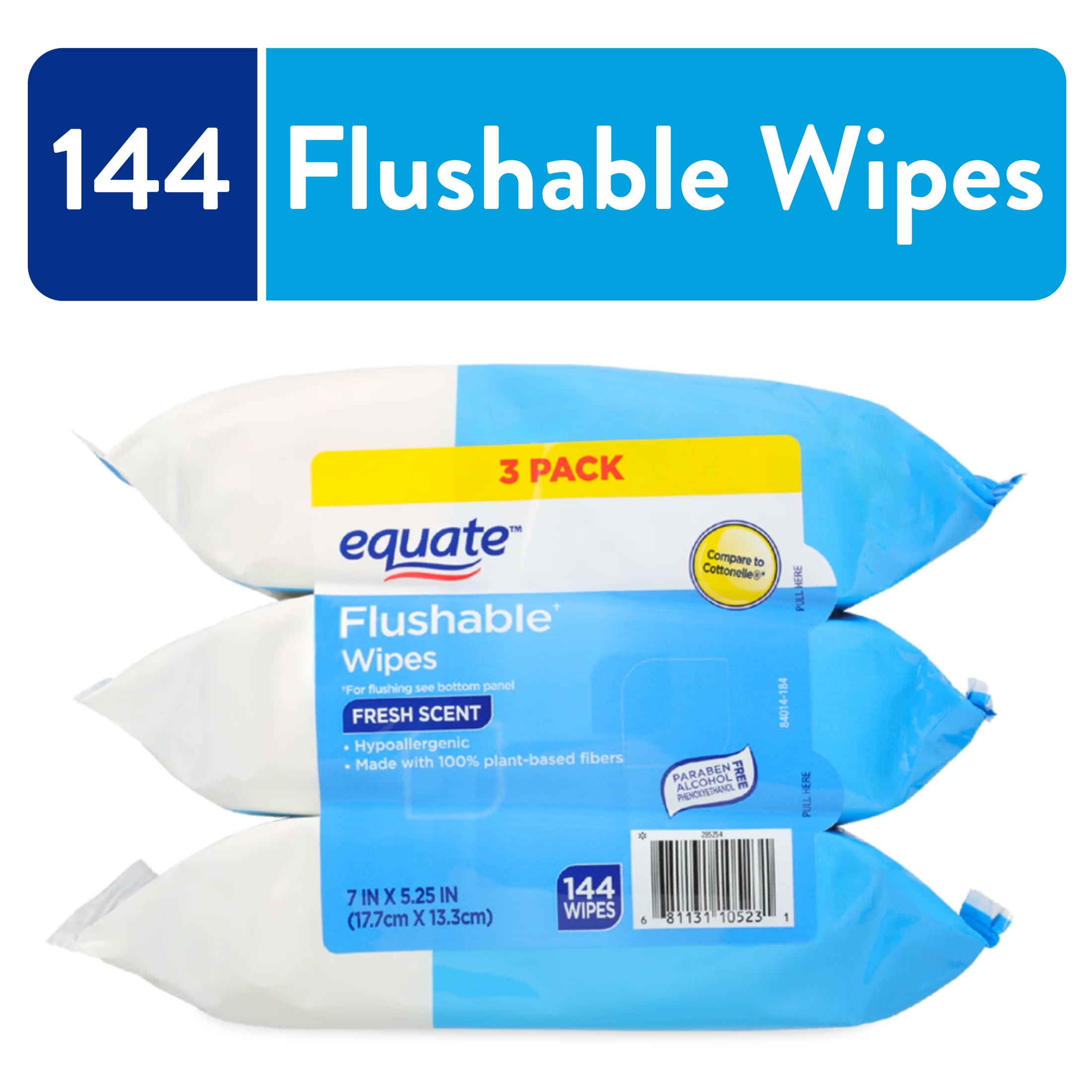 Equate Flushable Wet Wipes, Fresh Scent, Hypoallergenic Plant-Based Fibers (144 Count, 3 Pack) 2kuqo