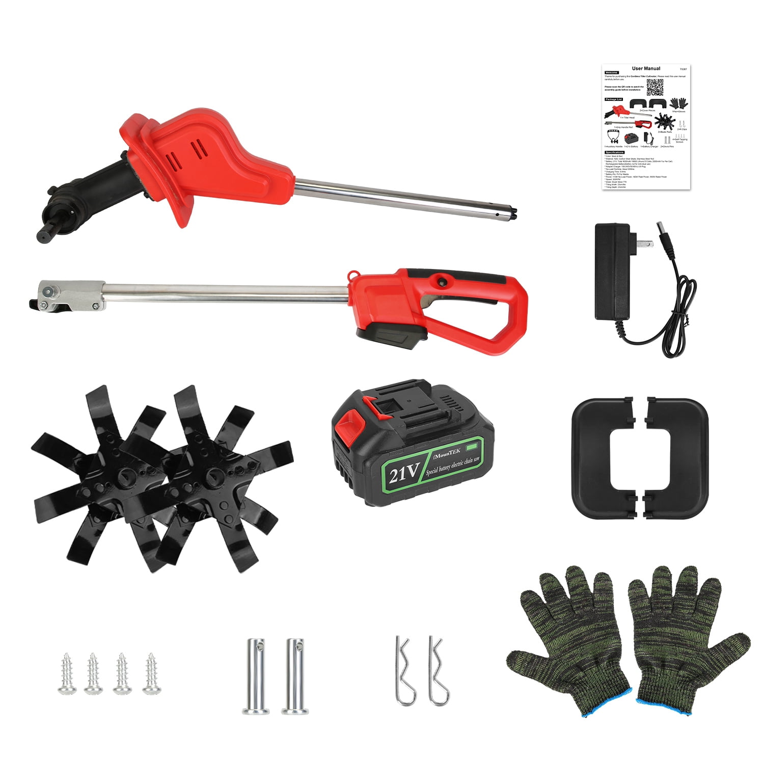 Moclever Electric Garden Tiller, Cordless Cultivator with 16 Steel Tines, 9-in Tilling Width & Depth (Black & Red, 11.02 lb) 9lg2x