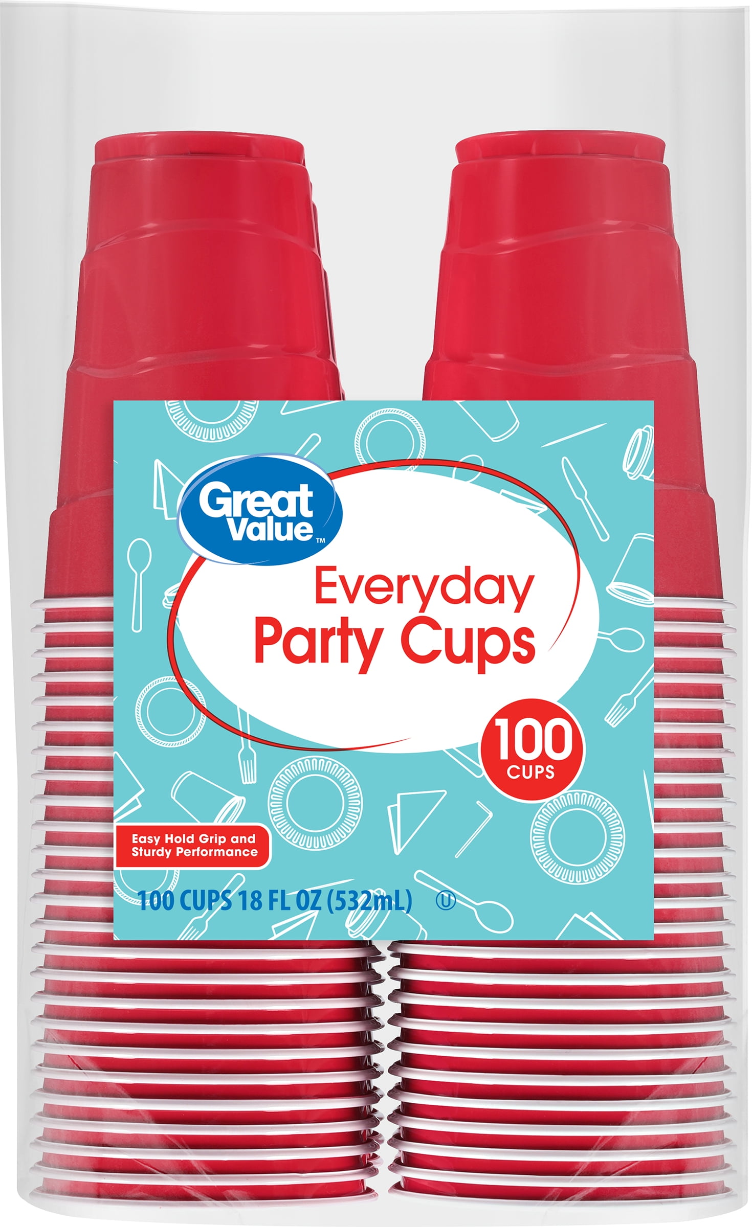 Great Value Disposable Plastic Party Cups, Durable Ridged Grip Design (Red, 18 oz, 100 Count) 125vr