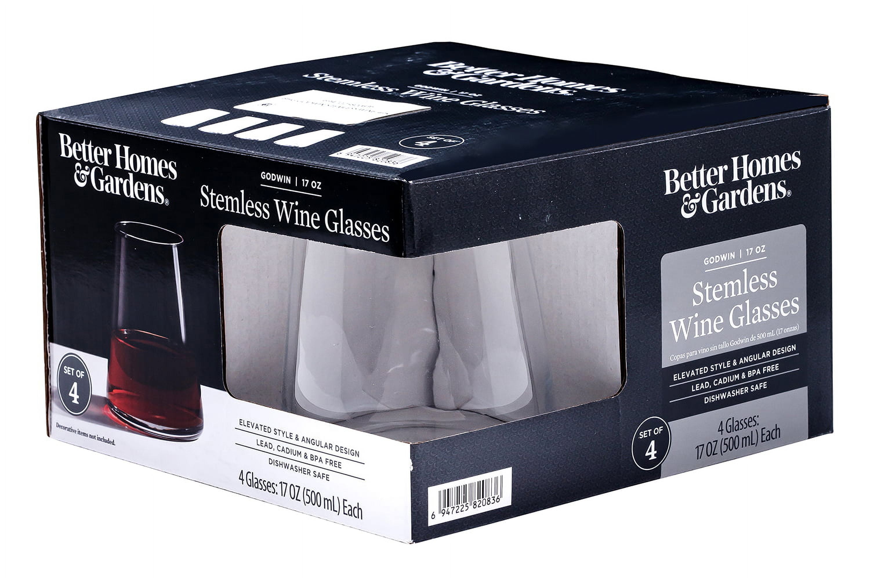 Better Homes & Gardens Flared Stemless Wine Glass Set, Contemporary Drinkware (Clear, 17 oz, Set of 4) 3477y