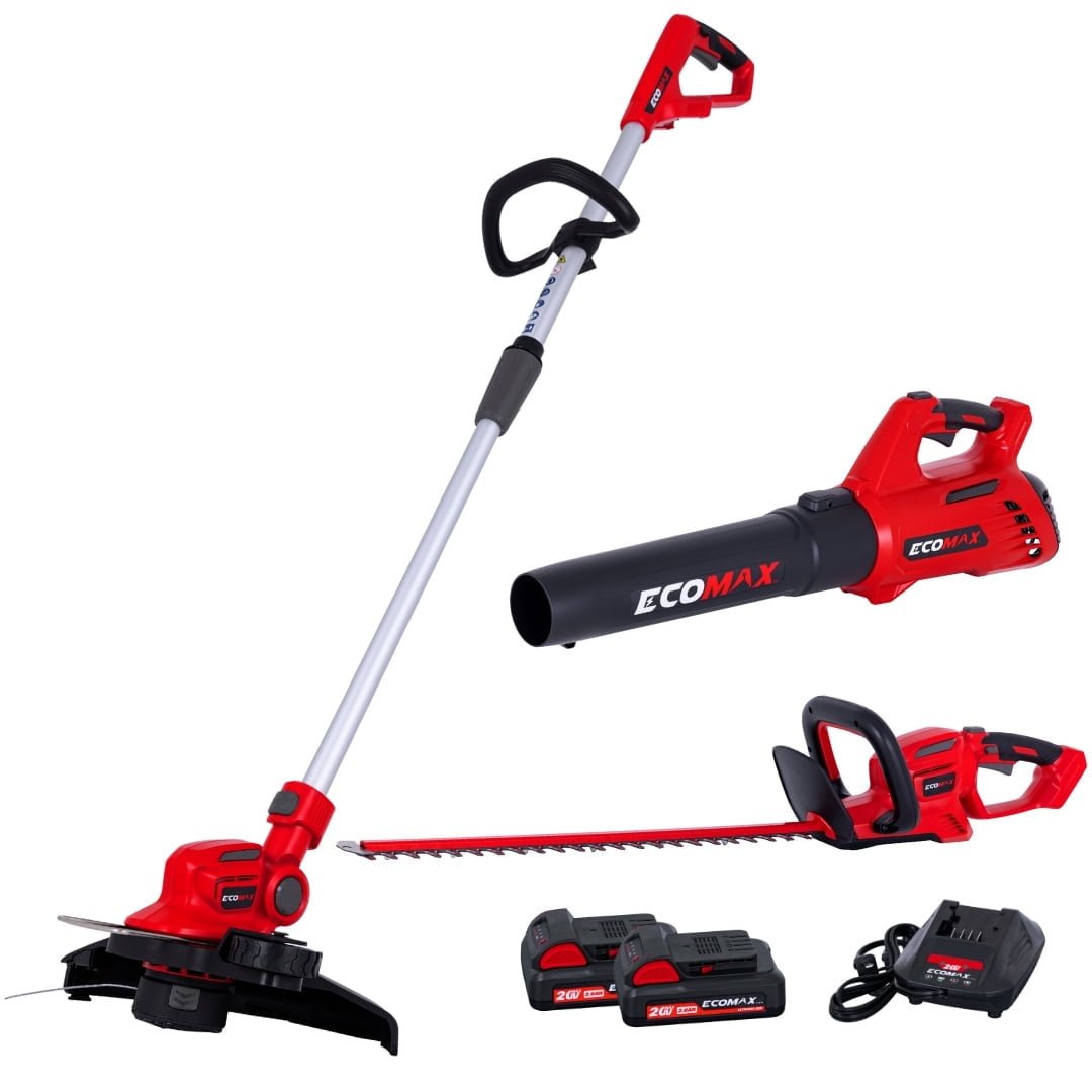 Ecomax 20V Cordless Yard Maintenance Combo Kit with Leaf Blower, String Trimmer, and 24 in Hedge Trimmer (Red, 2-Pack 2.0Ah Batteries) 6k1ei