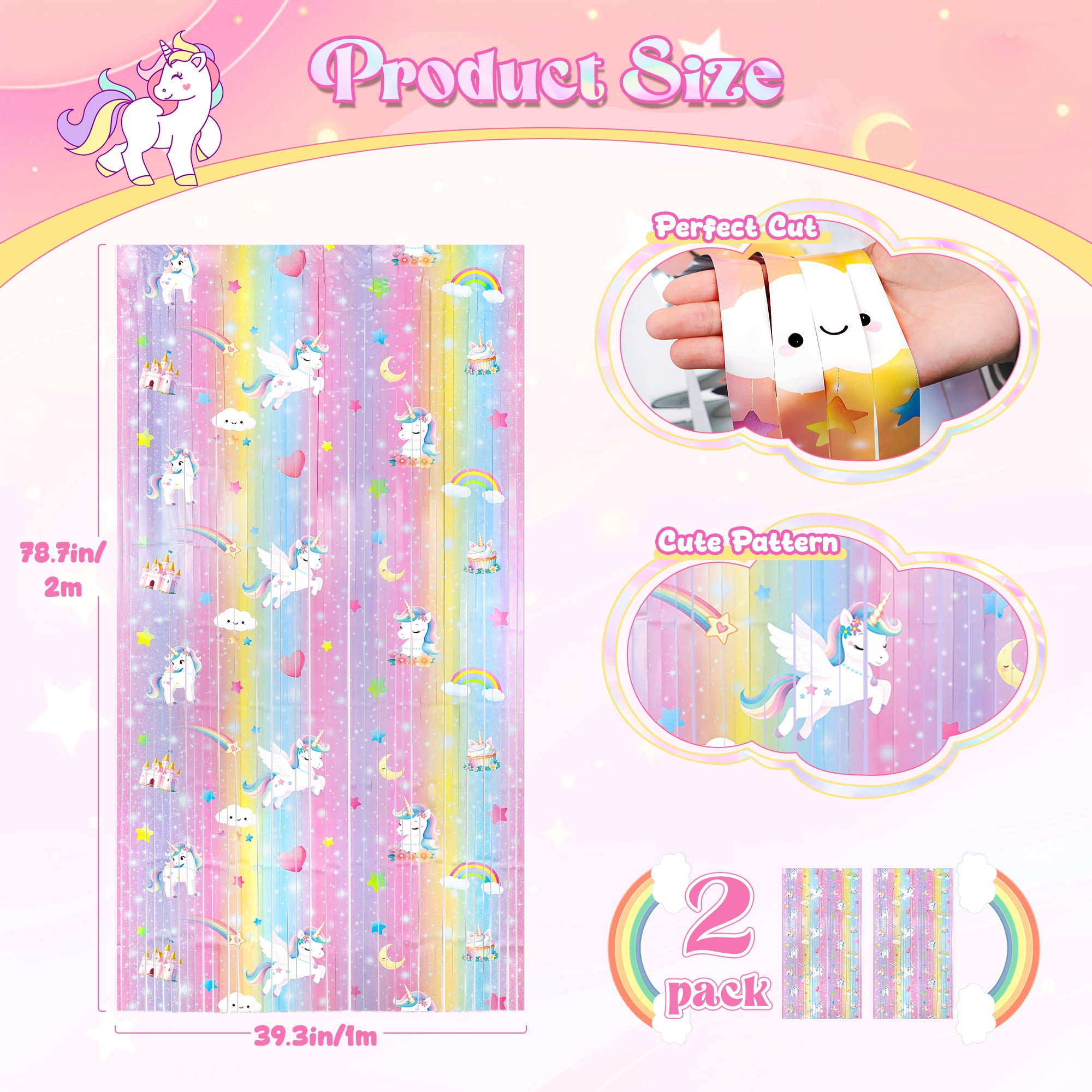 Sinekong Unicorn Tinsel Foil Fringe Curtains, Pastel Rainbow Party Backdrop (2 Pack, 3.3 ft x 6.6 ft) njl2w