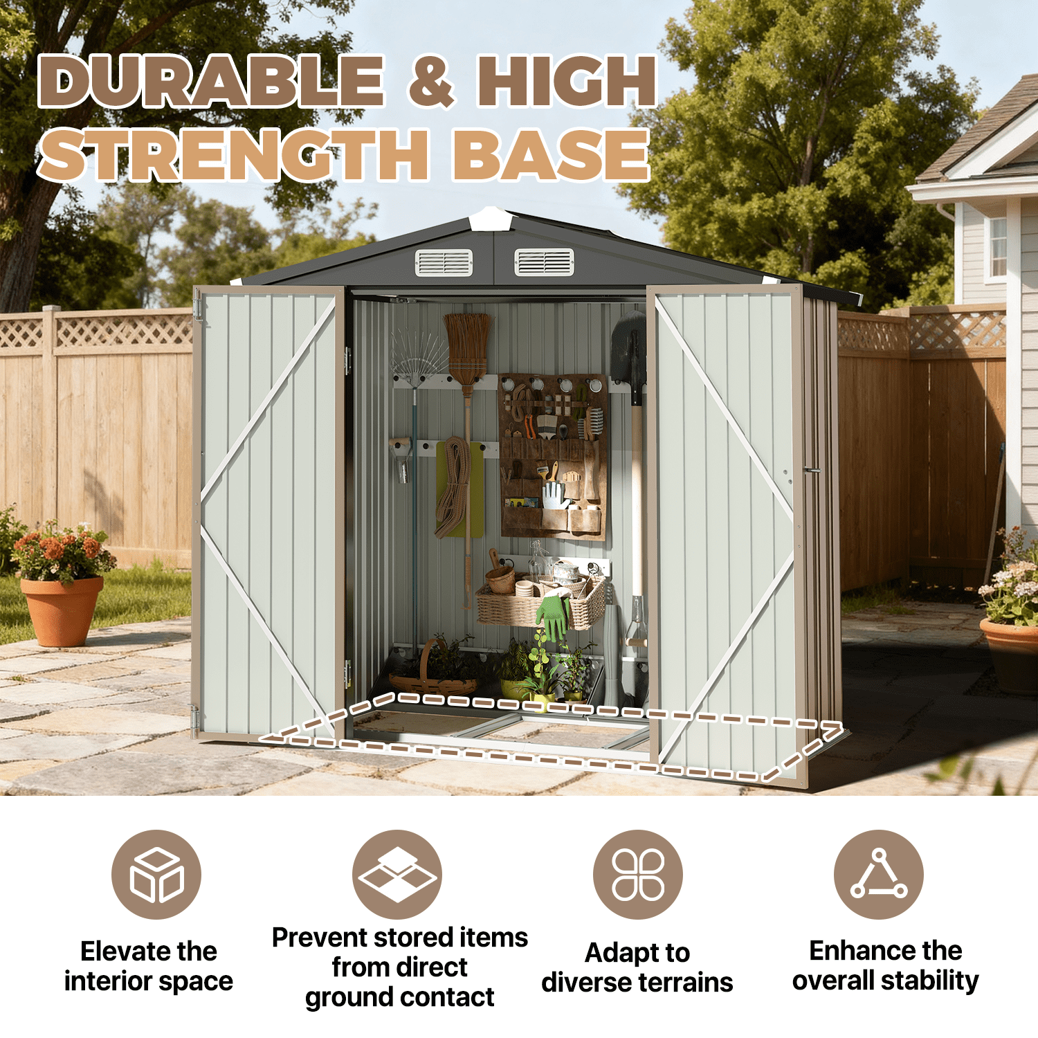 BaPiPro Outdoor Storage Shed, Heavy-Duty Galvanized Steel Garden Tool Shed with Integrated Base and Locking Doors (Brown, 79 in x 50 in x 74 in) qsn8v