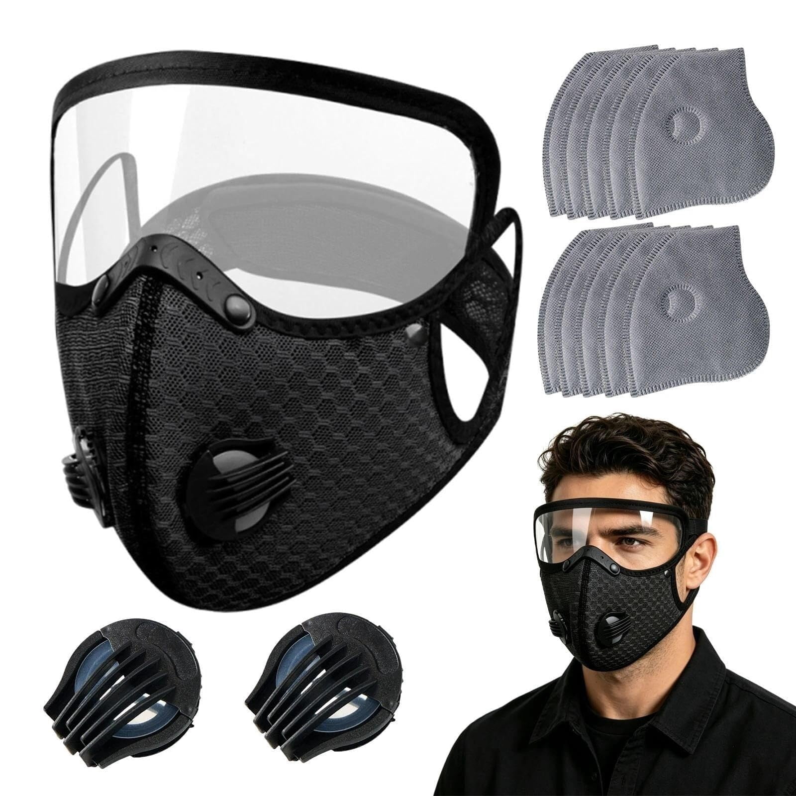 BDLHX Reusable Dust Mask with Adjustable Anti-Fog Goggles and 10 Carbon Filters (Black, One Size) dog1t