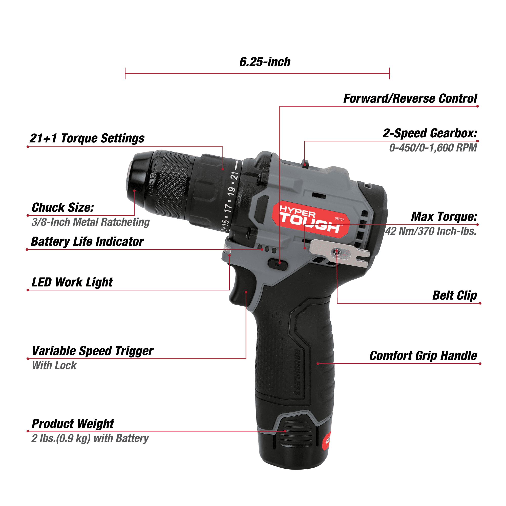 Hyper Tough 12V Max Brushless Drill Driver with Metal Keyless Chuck (1.5Ah Battery & Charger, 3/8 in) x8ylp