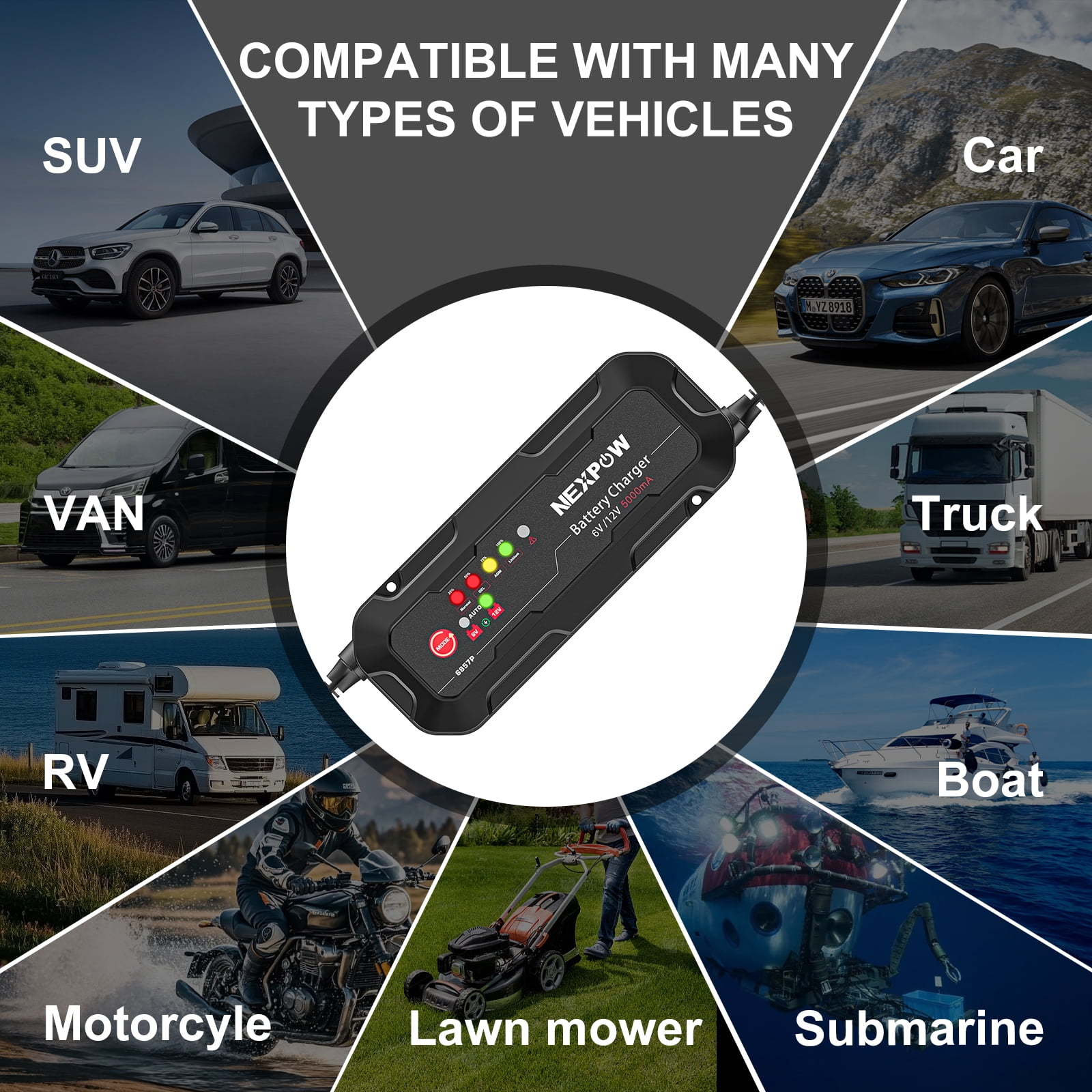 NEXPOW Smart Battery Charger and Maintainer, 5A 6V/12V Trickle Charger with Force Charge Mode (Black, 1 Pack) ypufv