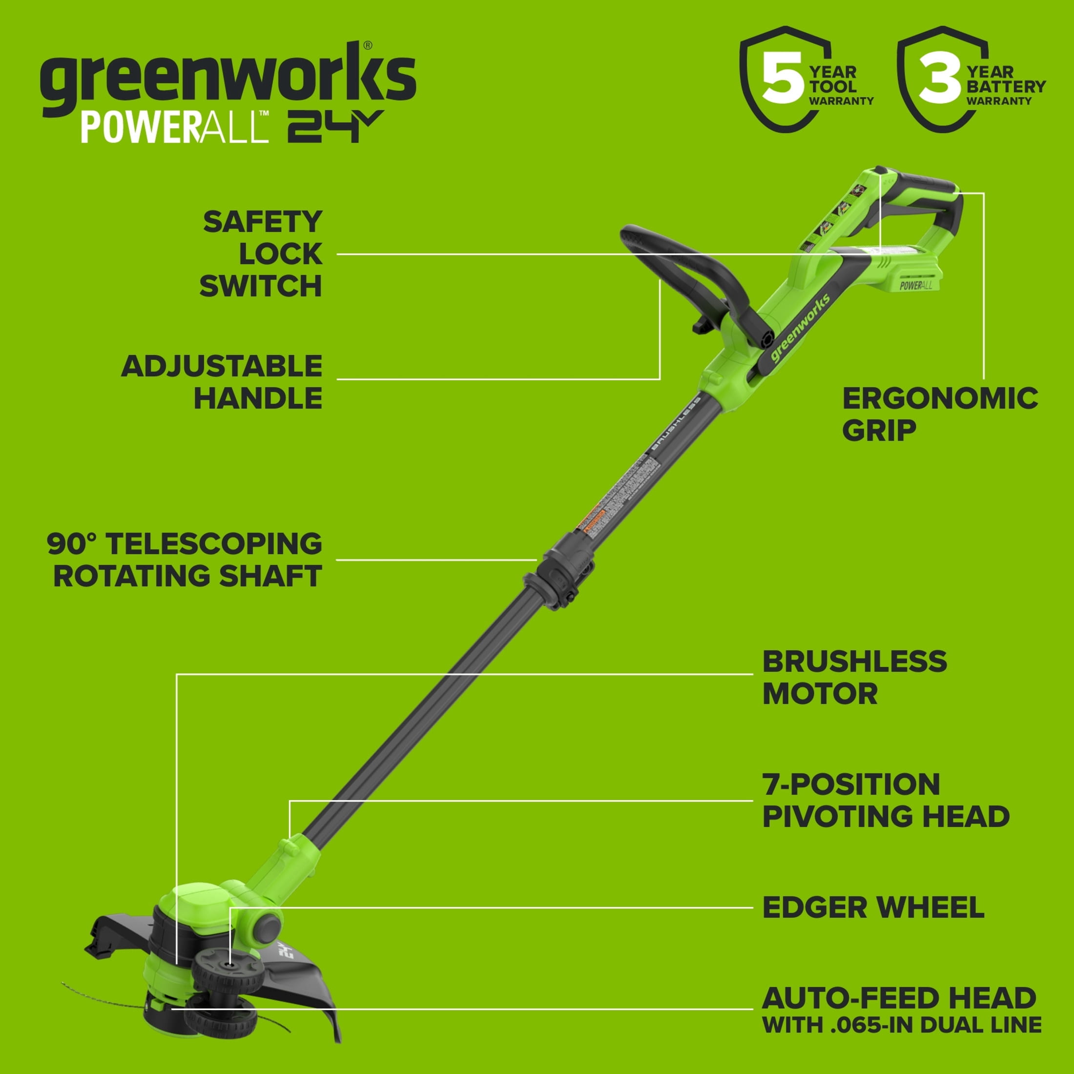 Greenworks PowerAll 24V Brushless 12 in String Trimmer with 3.0 Ah USB-C Battery and Charger (12 in) gd83u