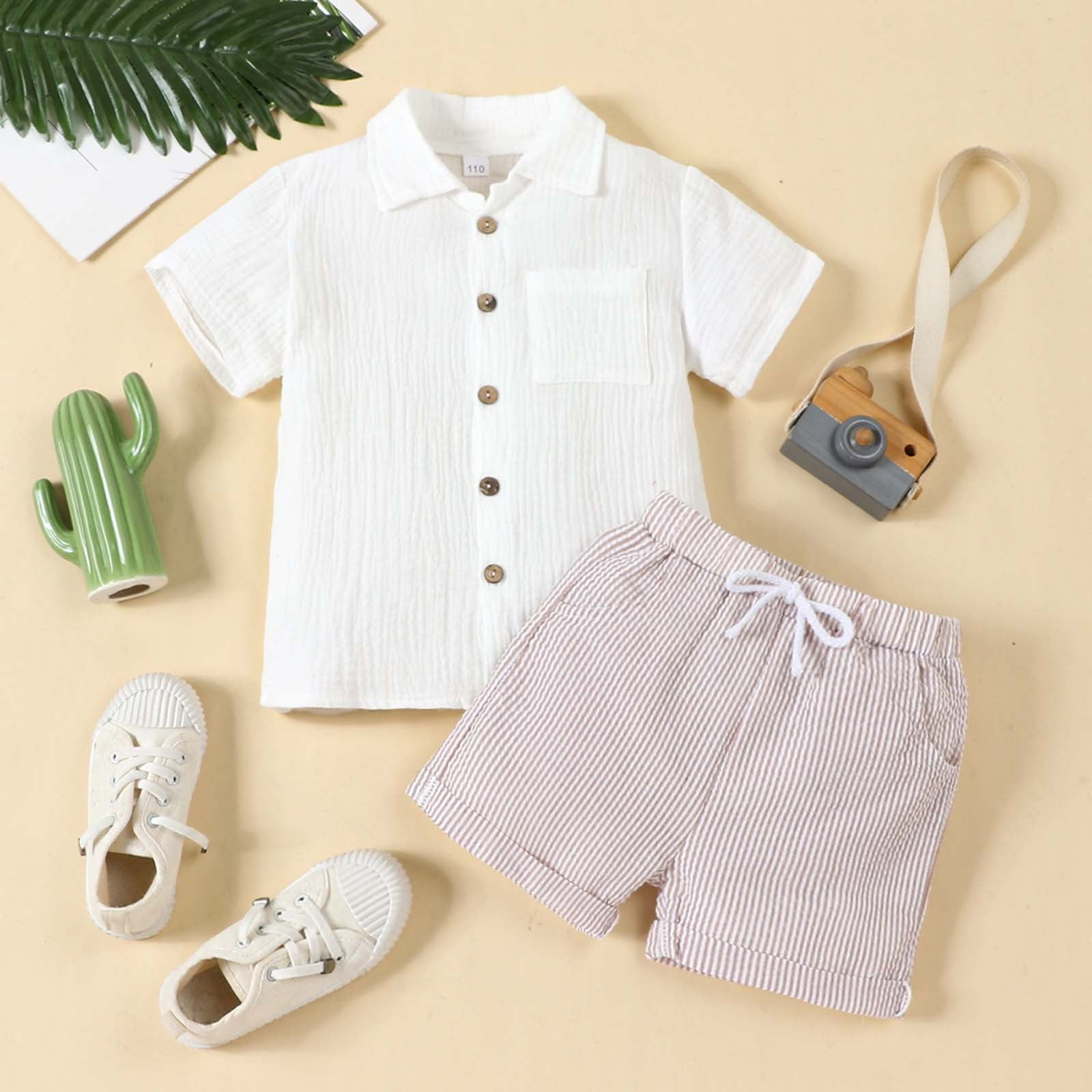 Wxolcjlv Boys Summer Linen Polo Shirt and Striped Shorts 2-Piece Set (Beige, 12M-7Y) tps3q