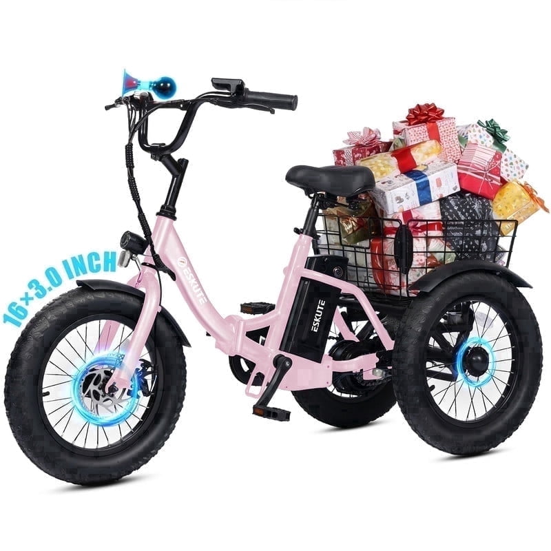 Elecby T300mini Electric Tricycle, 16 in Fat Tire Folding 3-Wheel E-Bike with 500W Motor (Pink) b4l74