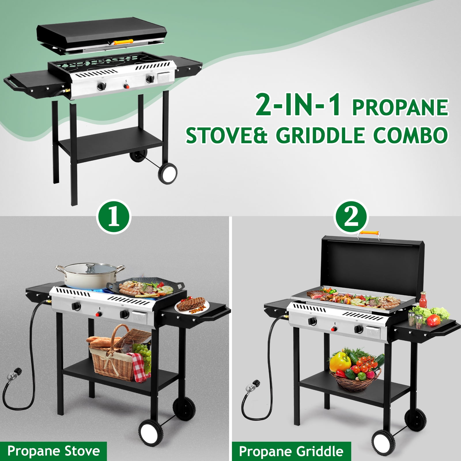 Zintown 2-Burner Outdoor Propane Gas Griddle with Portable Pan and Lid (Black, 54.5 in x 19.5 in x 38.5 in) bdngi