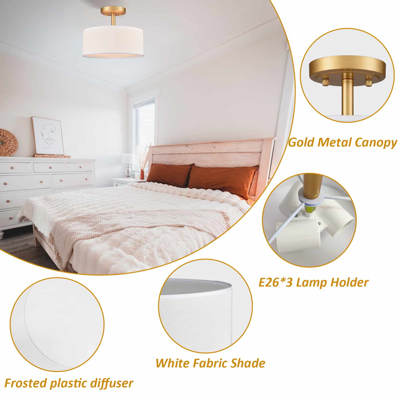 Claxy Modern Gold Flush Mount Ceiling Light Fixture with Beige Linen Drum Shade (11.81 in x 9.17 in) ahm55
