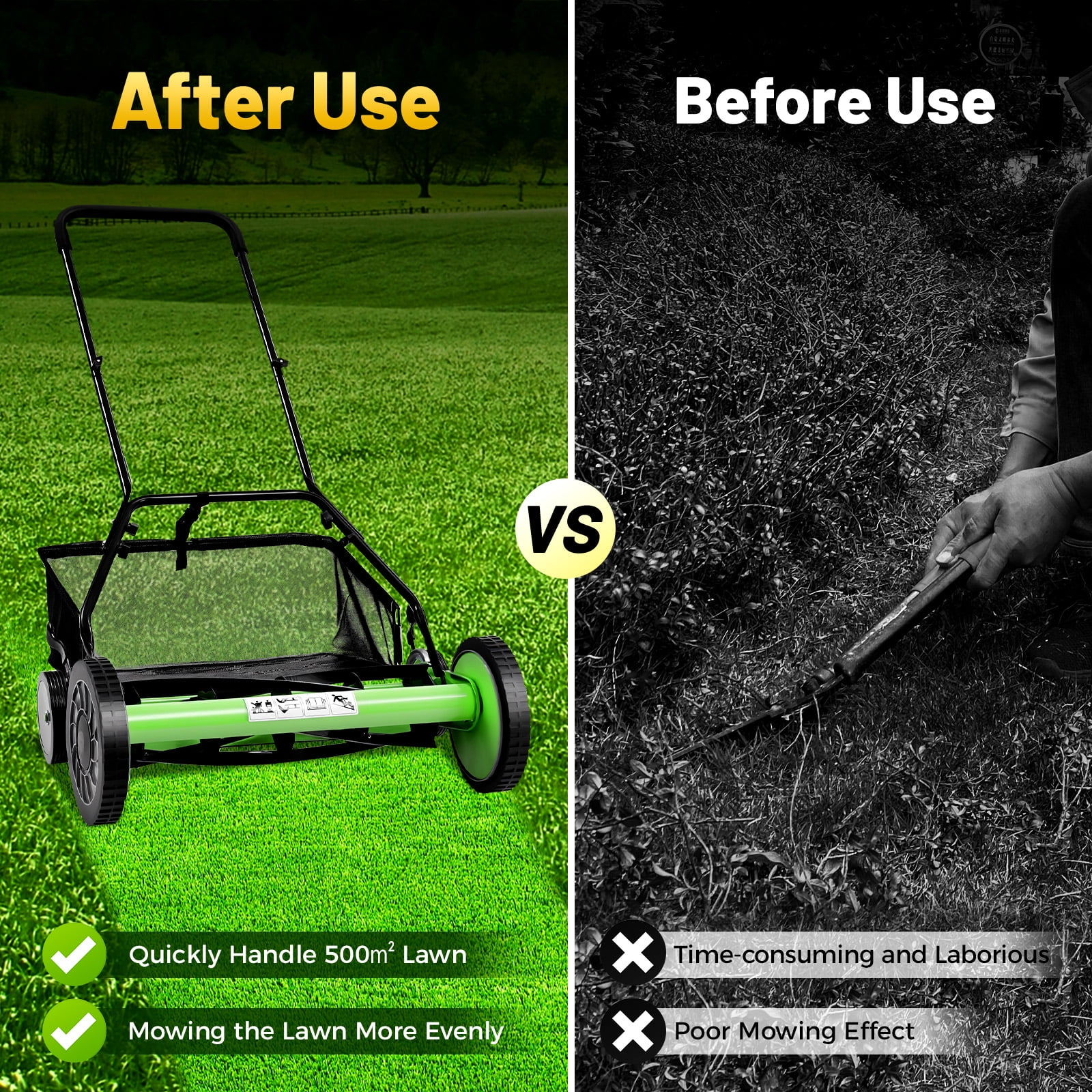 Hesries Manual Reel Lawn Mower, 20 Inch Push Grass Cutter with Grass Catcher (20 in) t9c39