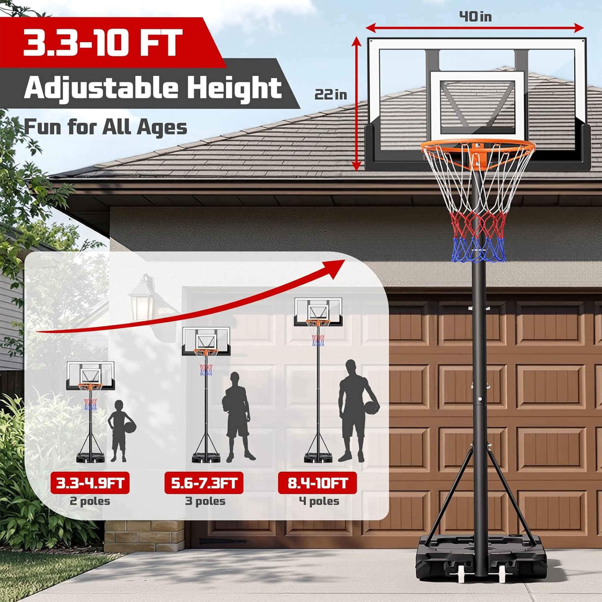 Toremore 40 in. Portable Basketball Hoop System, Height Adjustable Outdoor Goal with Shatterproof Backboard (White, 3.3-10 ft) uwc35