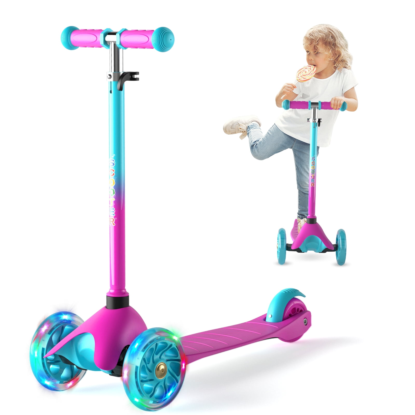 KORIMEFA 3-Wheel Kids Kick Scooter with Light-Up Wheels and Adjustable Handlebar (Pink, 110 lb Capacity) avdw0