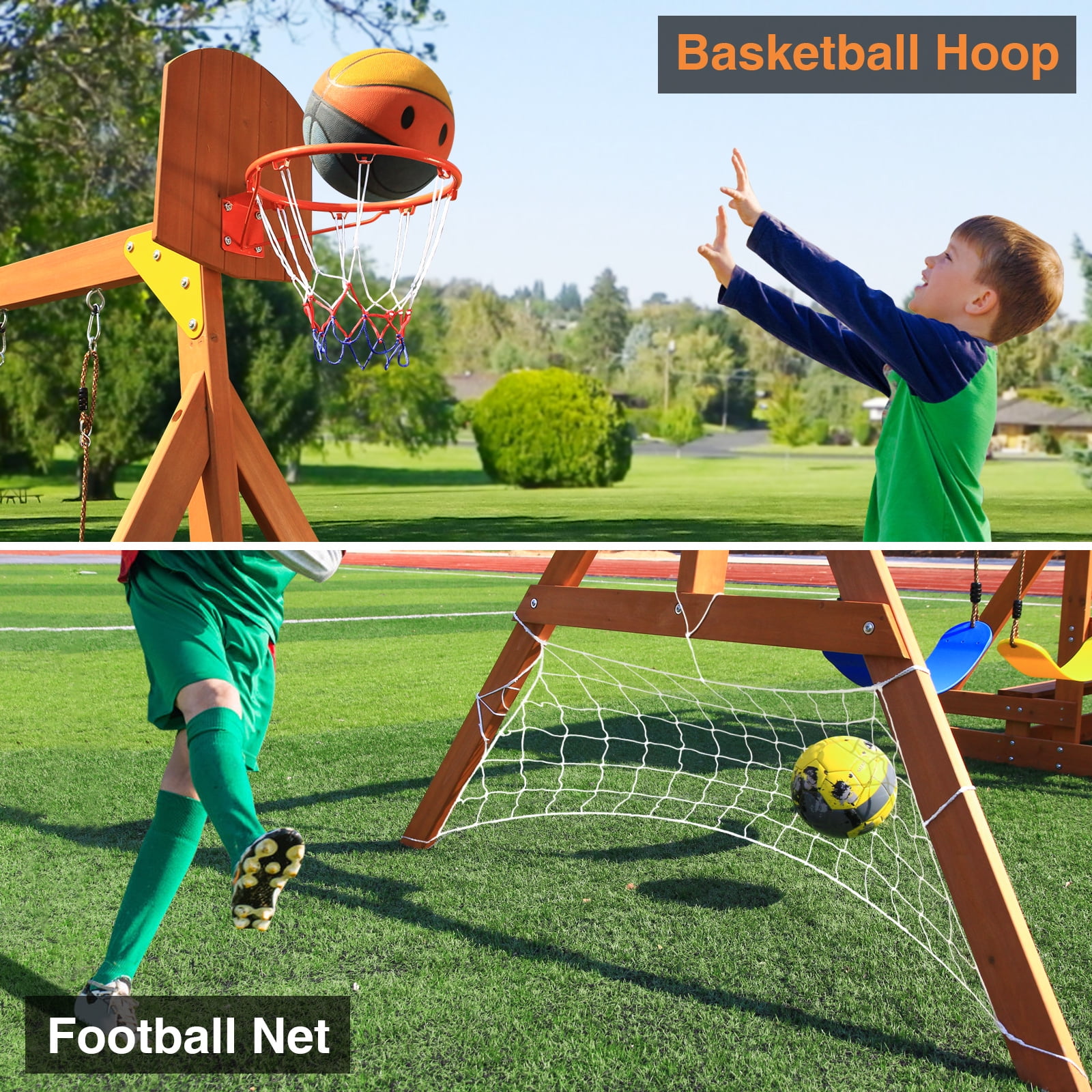 Suniboxi 6-in-1 Wooden Swing Set and Playground Activity Center (Yellow, 26 ft x 20 ft) jx2t3