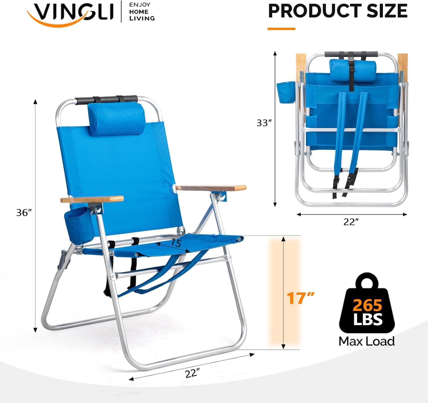 PEXMOR Portable Aluminum Beach Chair, 3-Position Reclining Backpack Chair with Cup Holder (Pink, 17 in Seat Height) ypuff