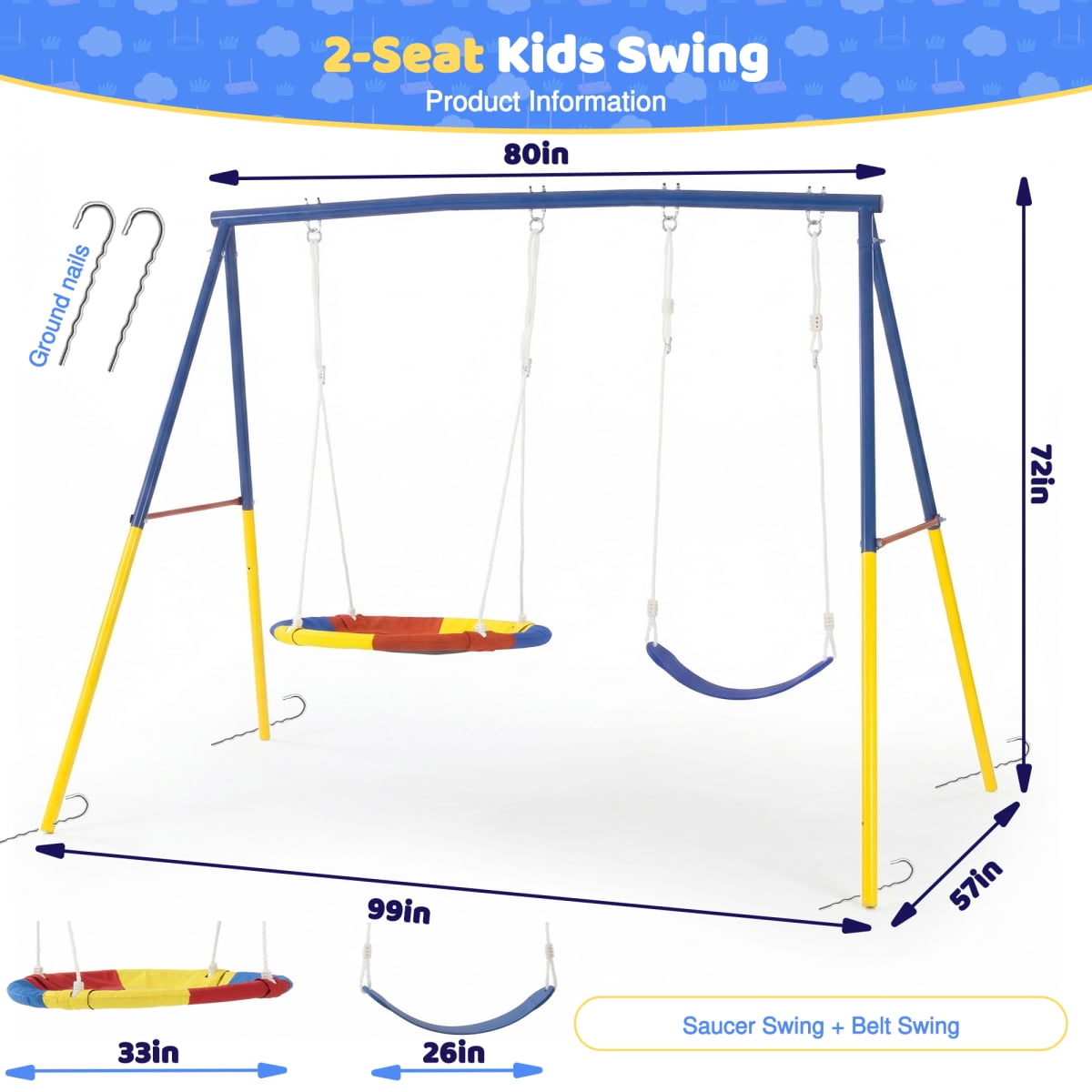 LIANGKA Heavy-Duty A-Frame Metal Swing Set with Saucer and Belt Seats (Blue, 330 lb) q4nxm