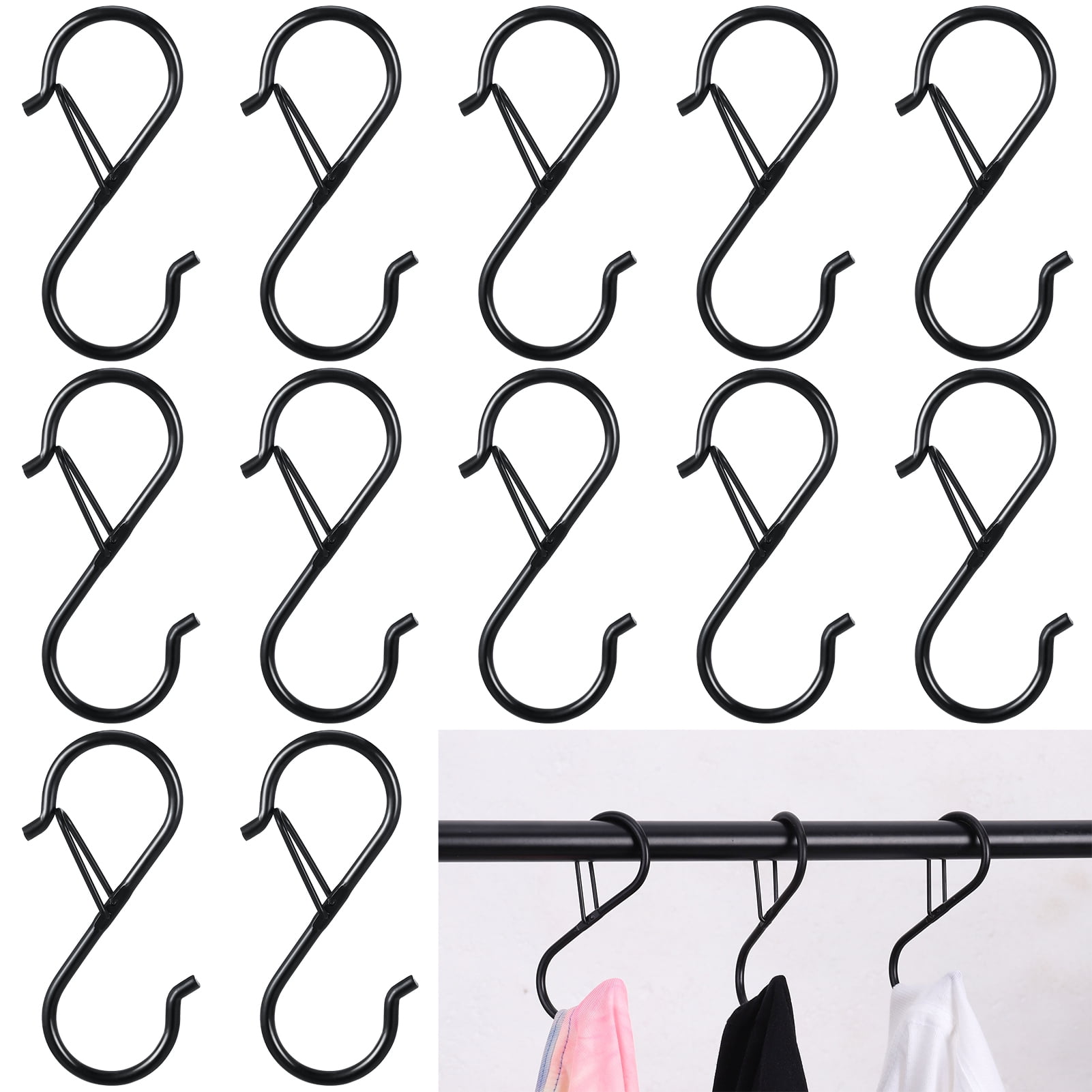 HEQUSIGNS Heavy Duty S Hooks with Safety Buckle for Kitchen and Closet Organization (Black, 12 Pack) 62x2k