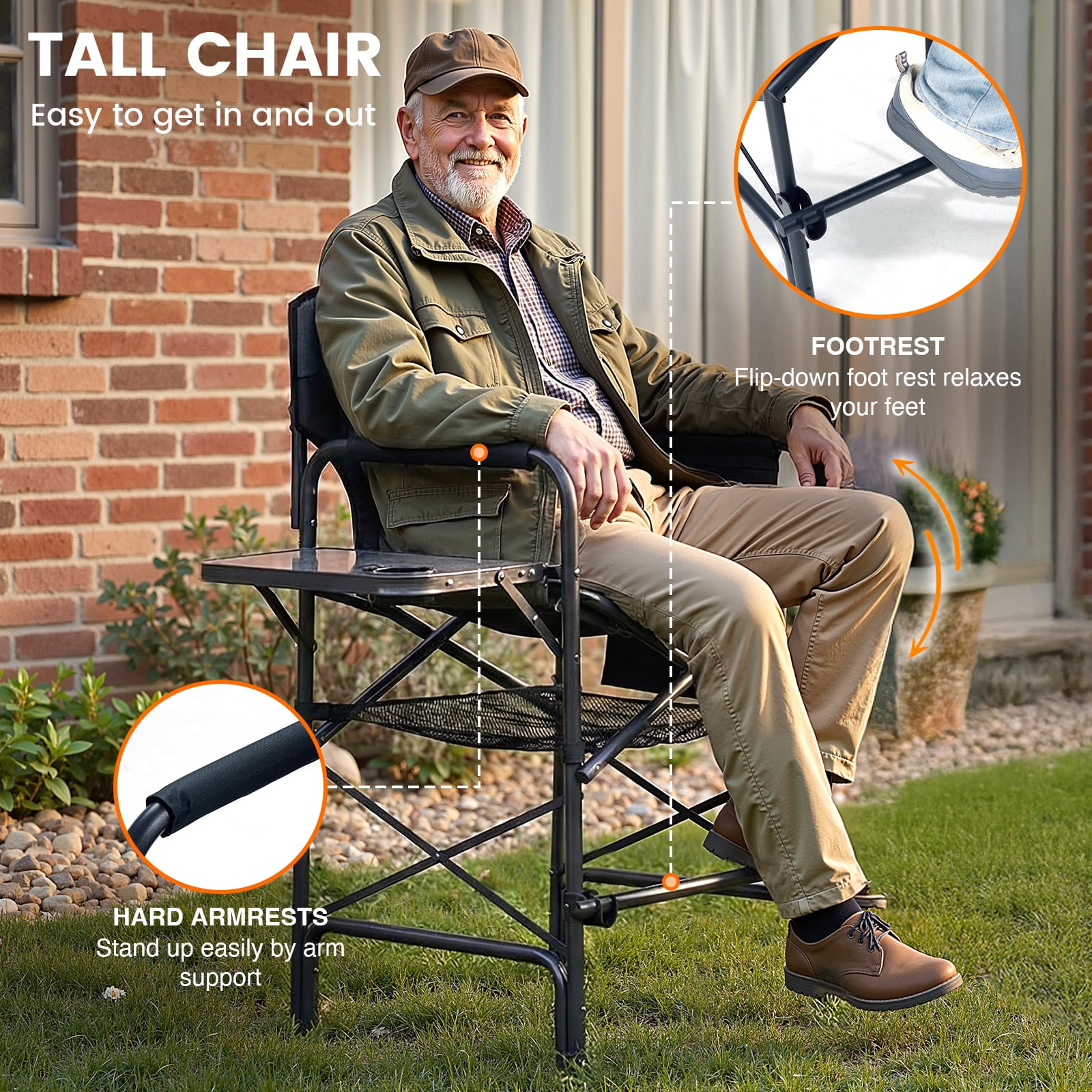 EVER ADVANCED Portable Tall Folding Director Chair with Side Table and Footrest (Black, 30.7 in Seat Height) ja4yq