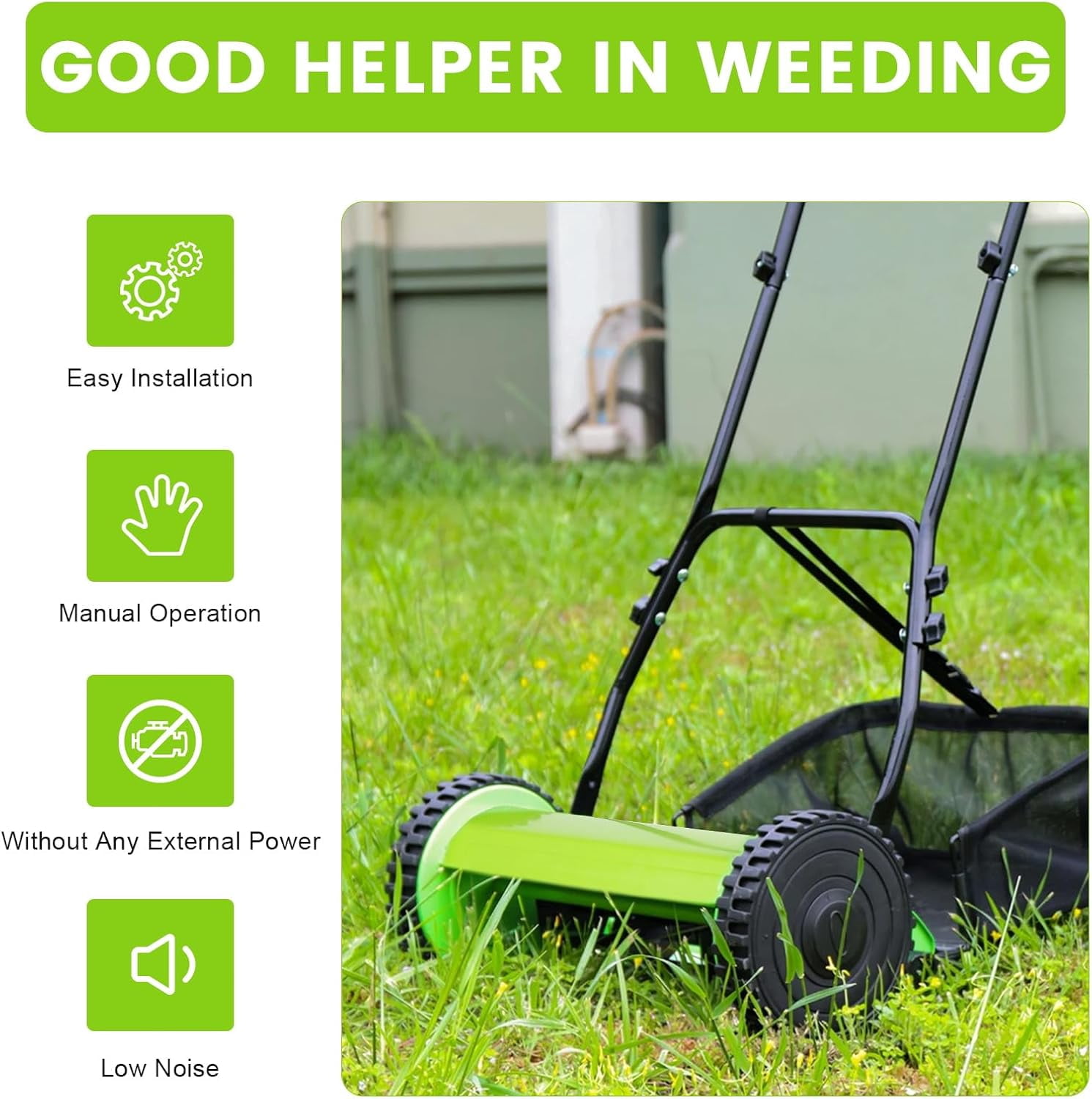 Generic Manual Lawn Mower Push Reel Grass Cutter with Adjustable Height and Collection Bag (Green, 12 in) lfryg