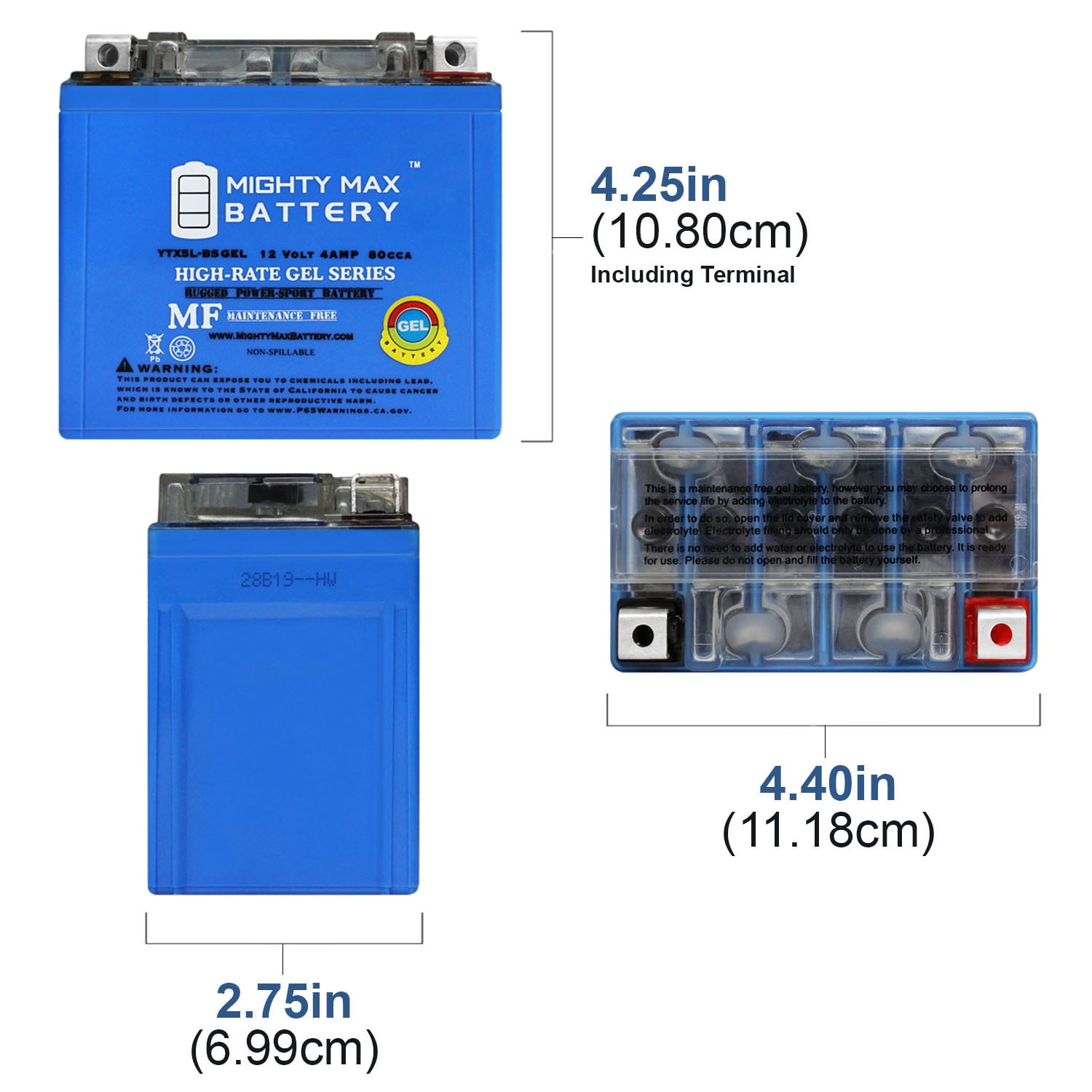 Mighty Max Battery YTX5L-BS GEL Replacement Battery for Yamaha 90 YMF90 Grizzly (12V, 4AH) 9283i