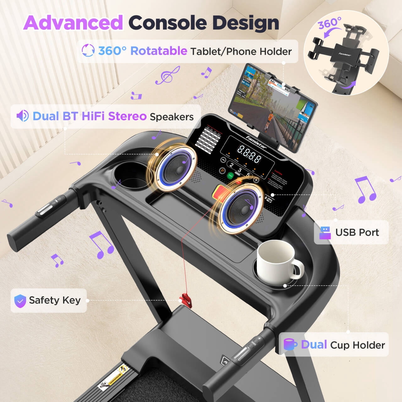 Famistar Folding Electric Treadmill for Home, Portable Exercise Machine with Adjustable Incline, APP Control, Bluetooth Speakers (320 lb Capacity) b497y