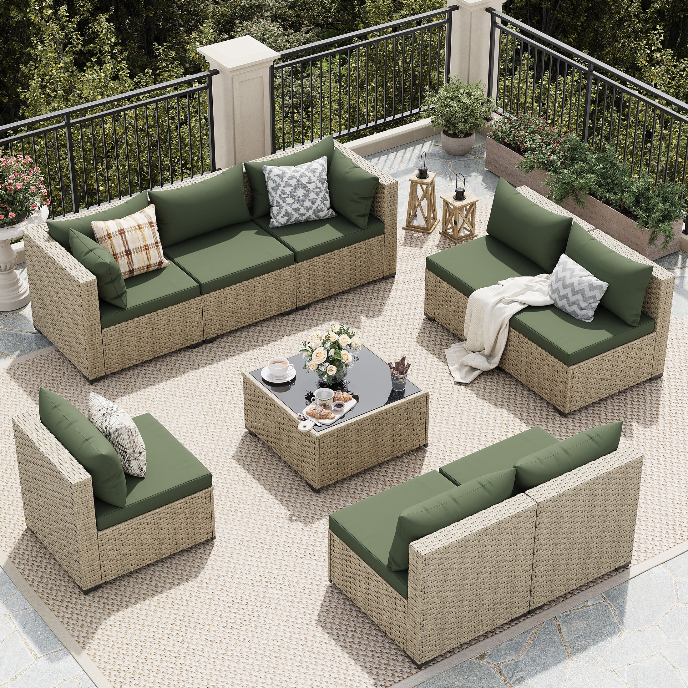 UDPATIO 9-Piece Outdoor Wicker Patio Furniture Set with Cushions, Weather-Resistant Conversation Set for Backyard and Garden (Green) y8tz6